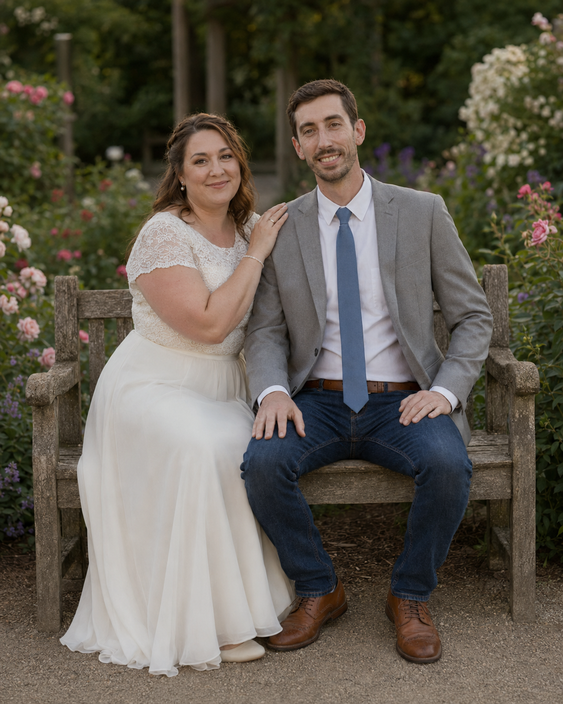Smiling bride and groom pose together on rustic wooden bench surrounded by blooming roses in garden setting.