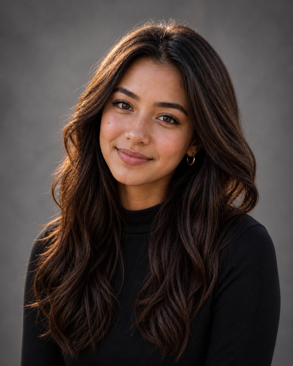 Young woman with long dark wavy hair wearing a black turtleneck, smiling in a professional portrait.