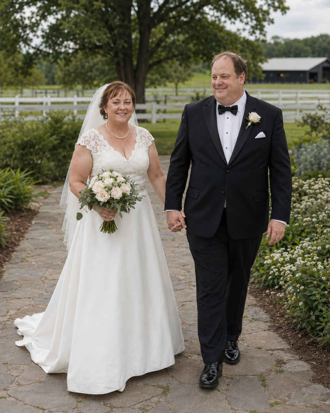 Bride and groom hold hands walking along garden path, she in lace wedding gown with bouquet, he in black tuxedo.