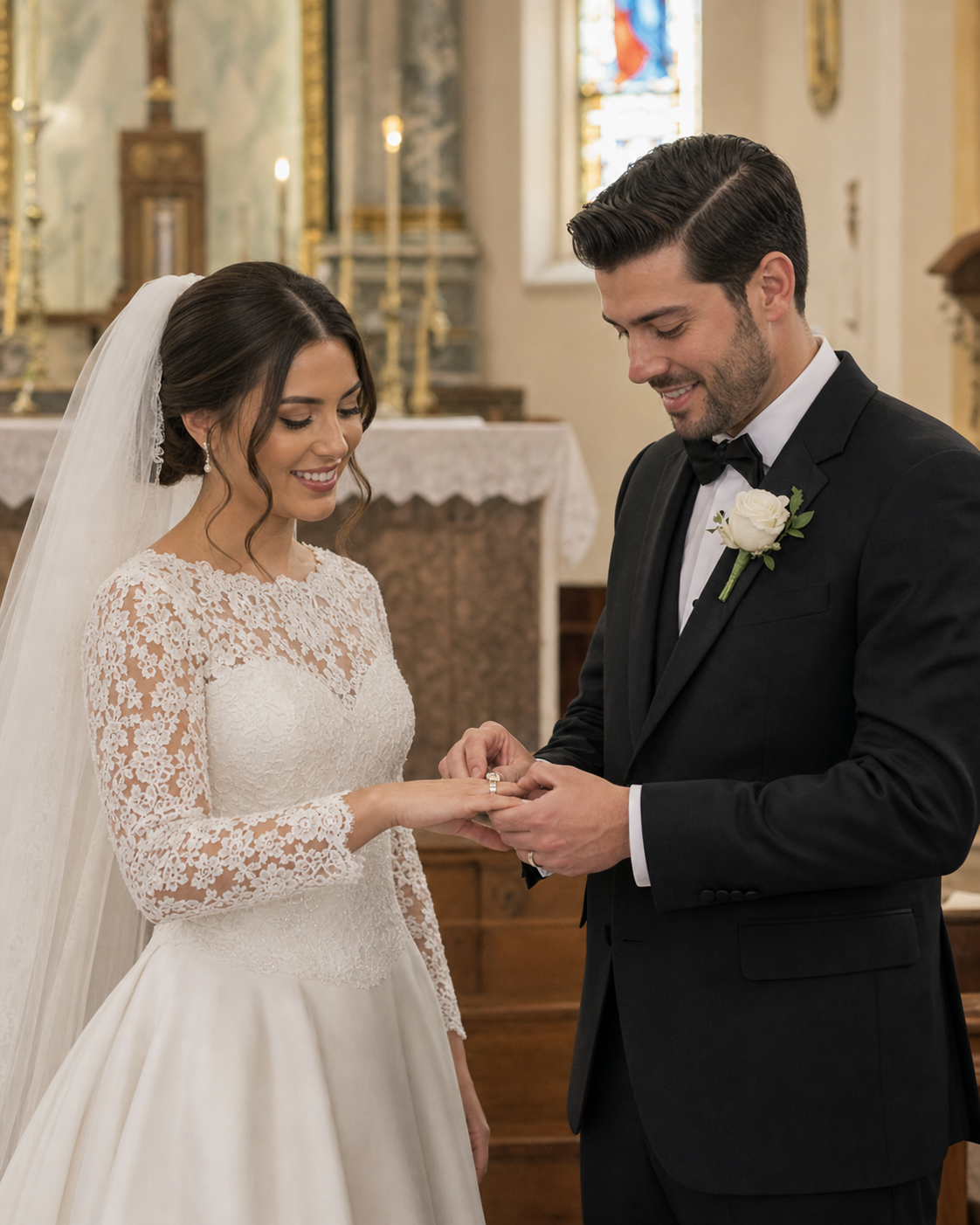 Bride placing wedding ring on groom's finger at church altar ceremony, wearing lace dress and veil.
