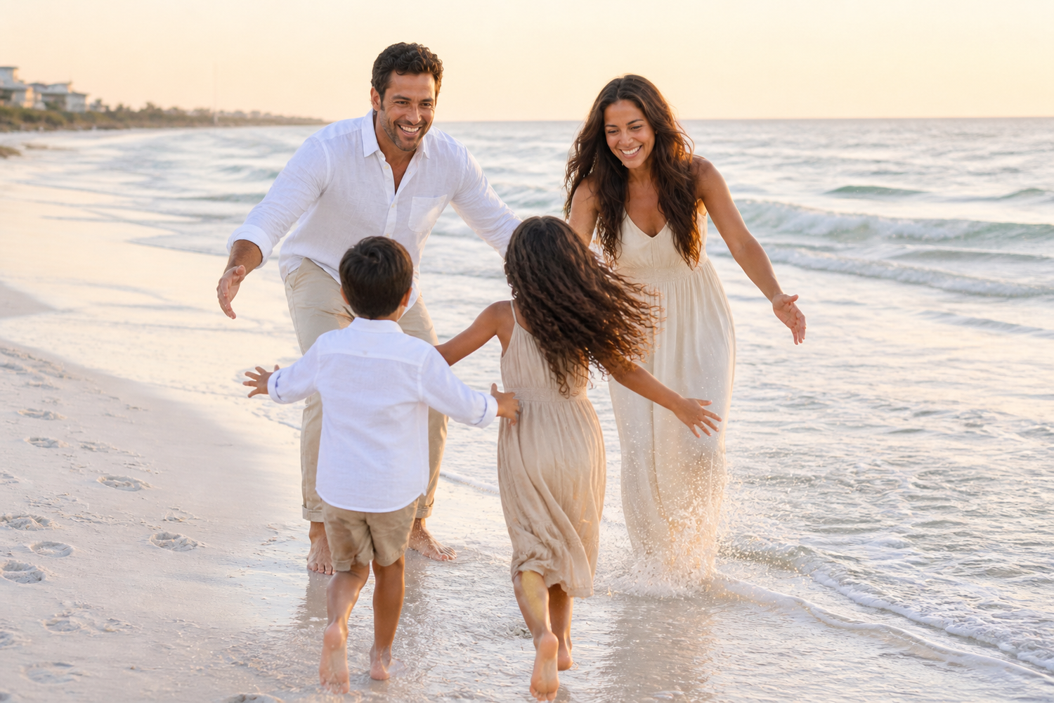 Happy family of four playing and splashing in ocean waves on a sunny beach at sunset.