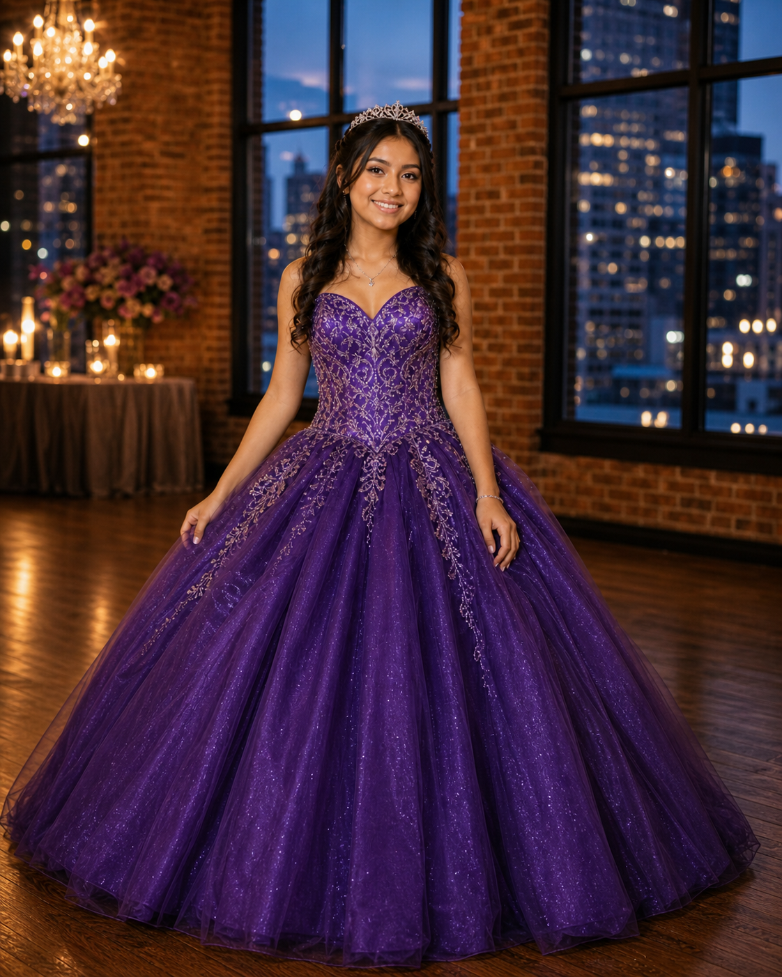 Young girl in a purple ball gown with gold embroidery and tiara, posing in an elegant venue at night.