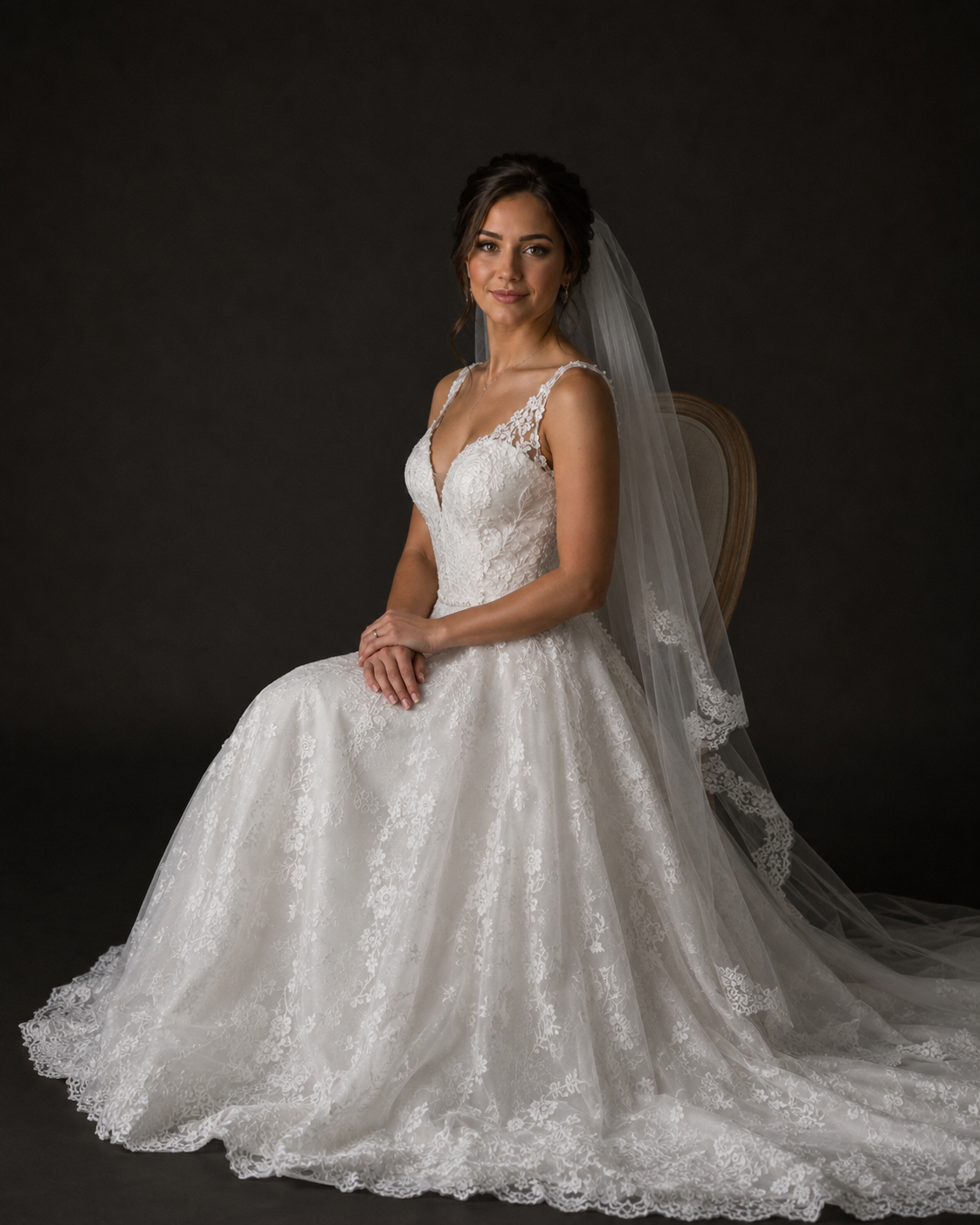 Bride in white lace ball gown with veil seated elegantly in studio portrait setting.