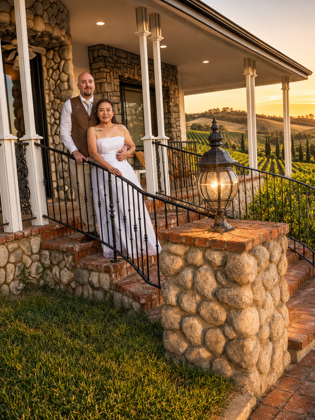 Couple in wedding attire posing on stone steps of vineyard estate at golden sunset.