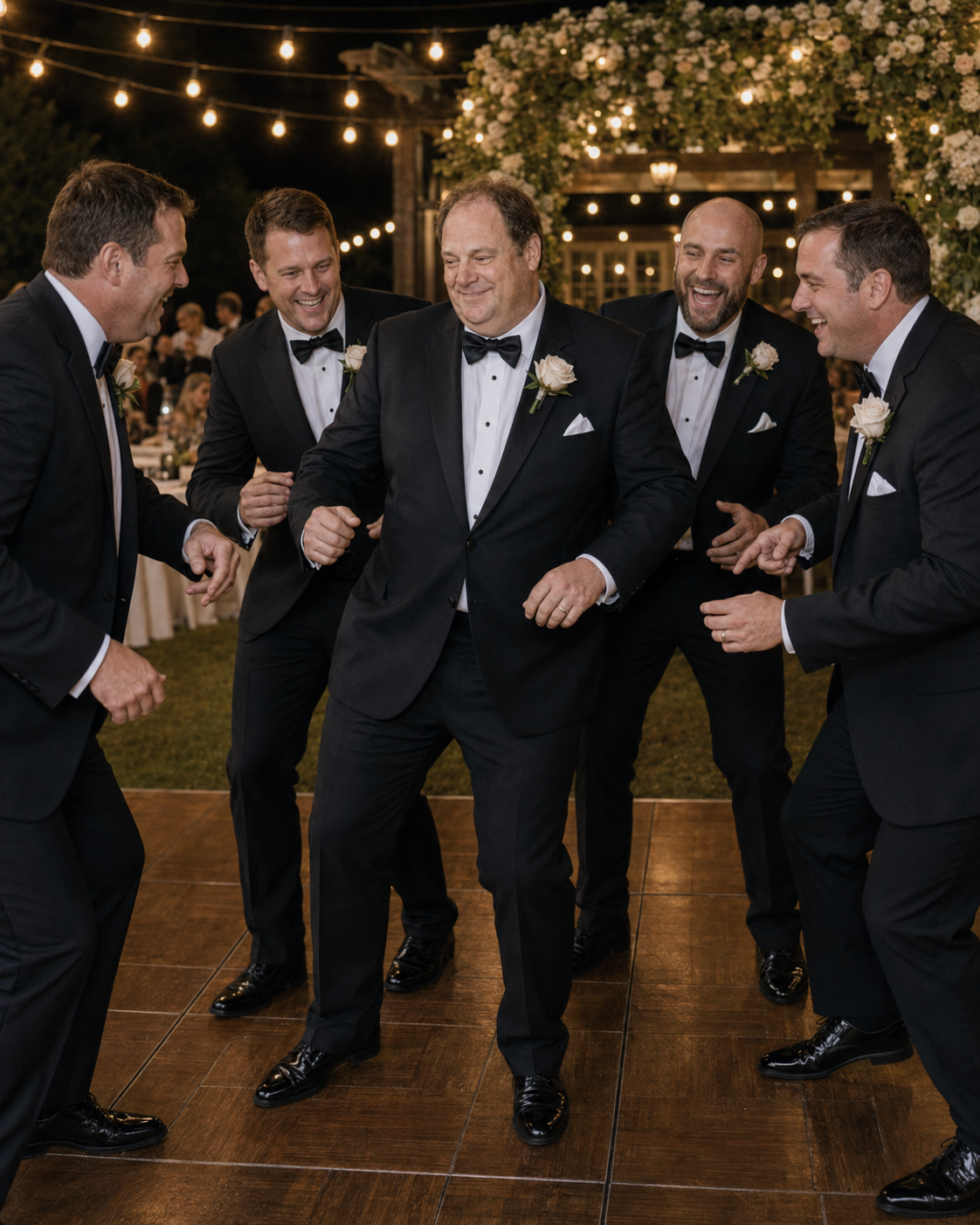 Groom in black tuxedo laughs and dances with groomsmen under string lights at outdoor wedding reception.