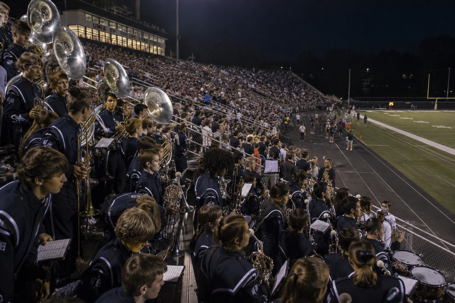 Marching band members in blue uniforms perform in packed stadium bleachers during a night football game.