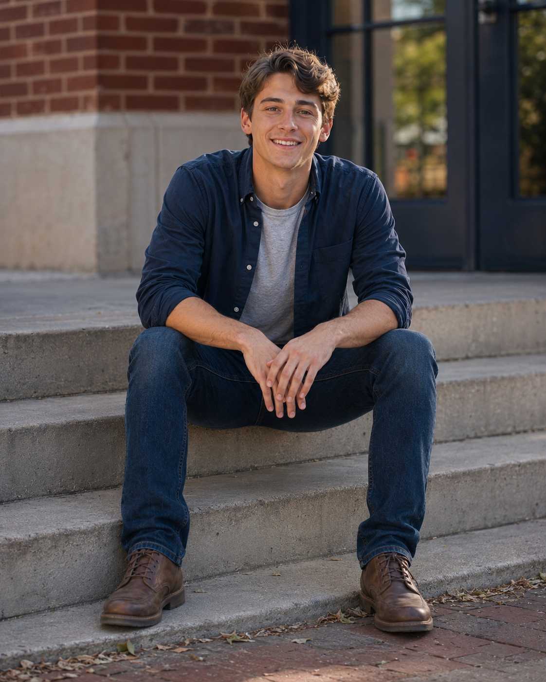 Young man smiling on brick steps, wearing navy shirt and jeans, casual outdoor portrait photography.
