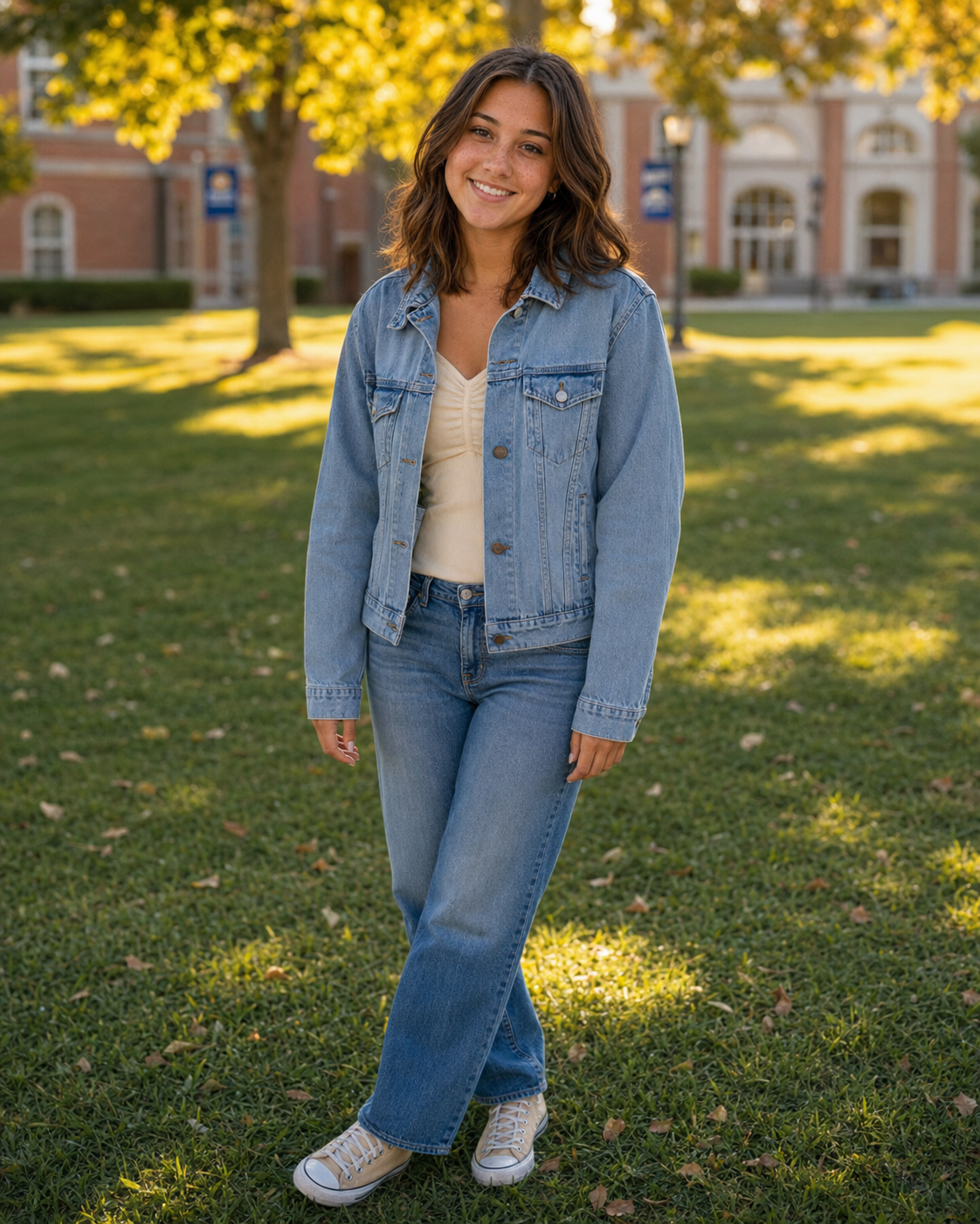 Young woman in denim jacket and jeans smiling on a sunny college campus lawn.