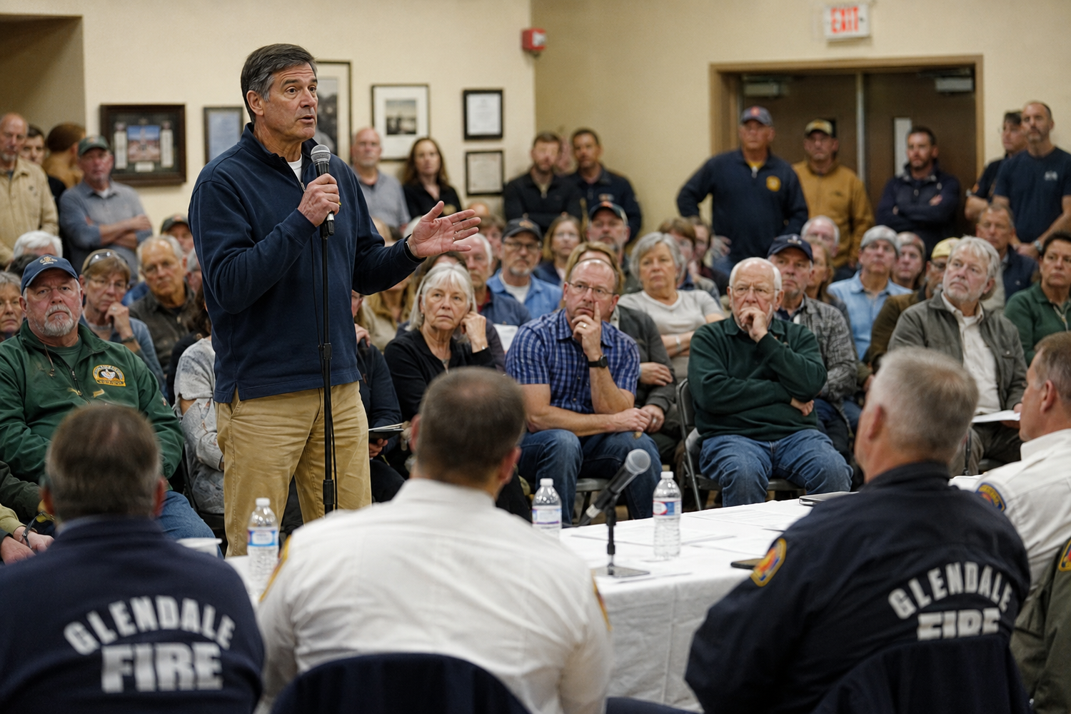 Official addresses crowd at Glendale Fire community town hall meeting.