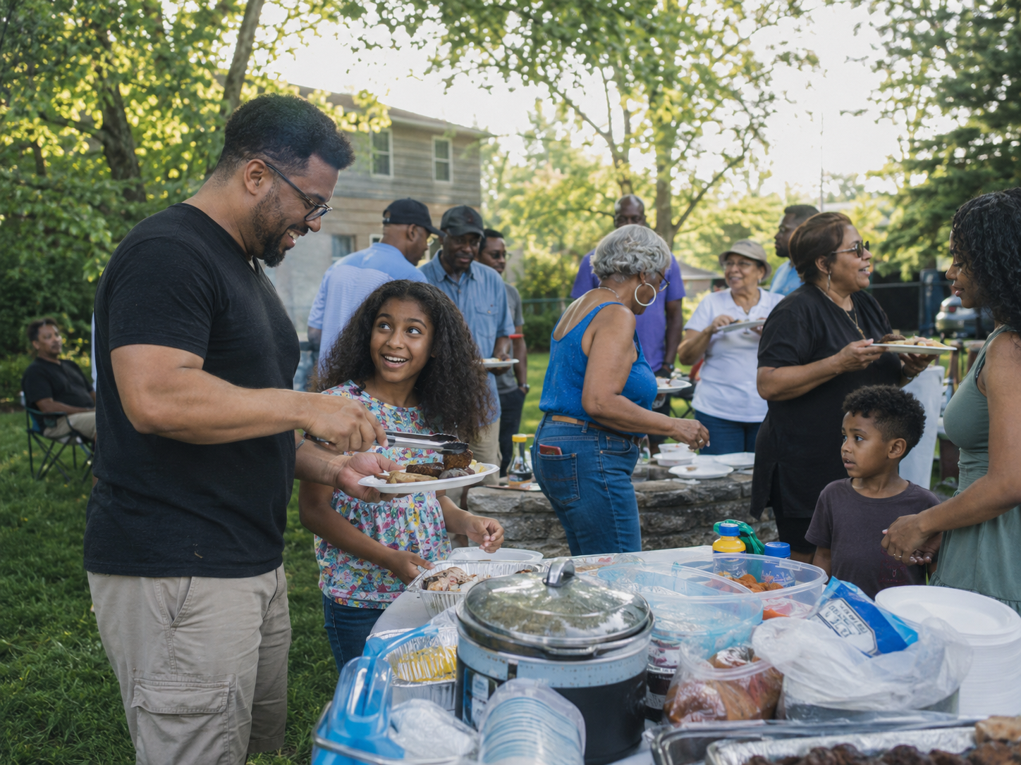 Diverse family and friends serve food at outdoor backyard cookout gathering on warm summer evening.