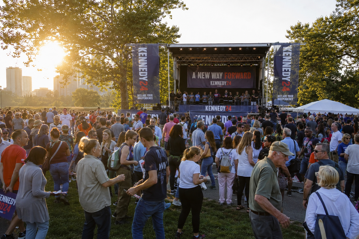 Large crowd gathers at outdoor Kennedy campaign rally on stage at sunset in a park.