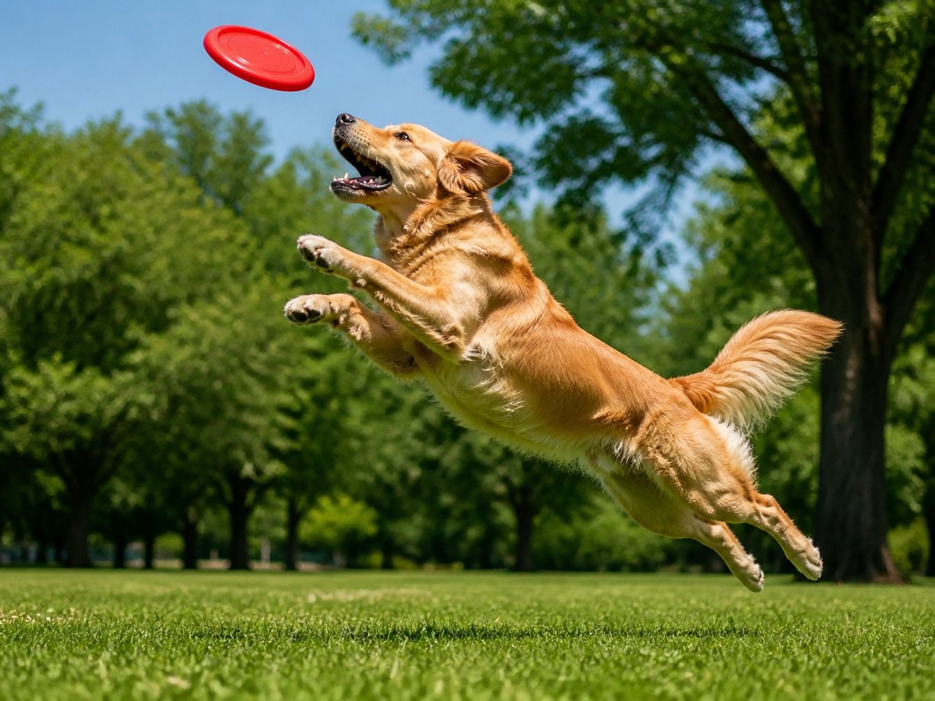 Golden retriever leaping mid-air to catch a red frisbee in a sunny green park.