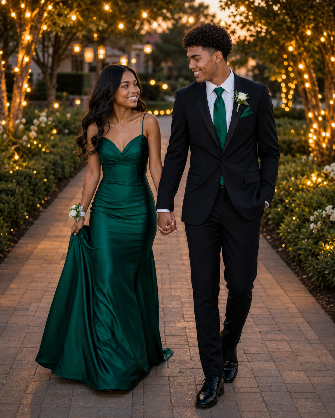 Couple in elegant prom attire, woman in green satin gown and man in black suit with green tie, walking hand in hand.