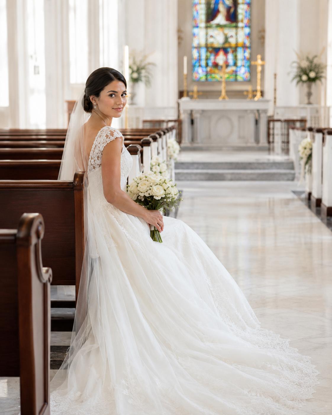 Bride in elegant white lace wedding gown with veil sits in church pew holding white bouquet, aisle and altar in background.