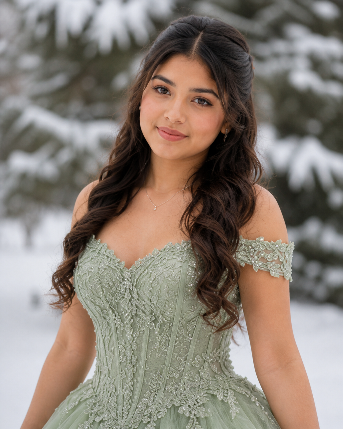 Young woman in sage green off-shoulder lace ball gown poses outdoors in snowy winter setting with elegant curled hair.