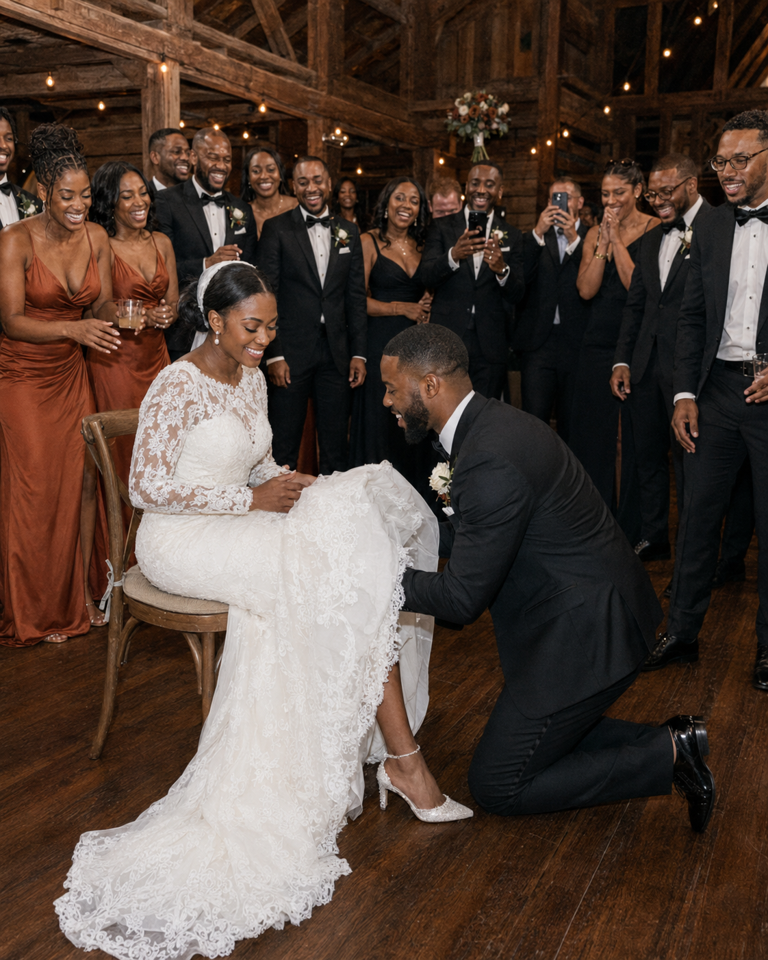 Groom kneels before bride in lace gown during garter removal at elegant barn wedding reception with wedding party.