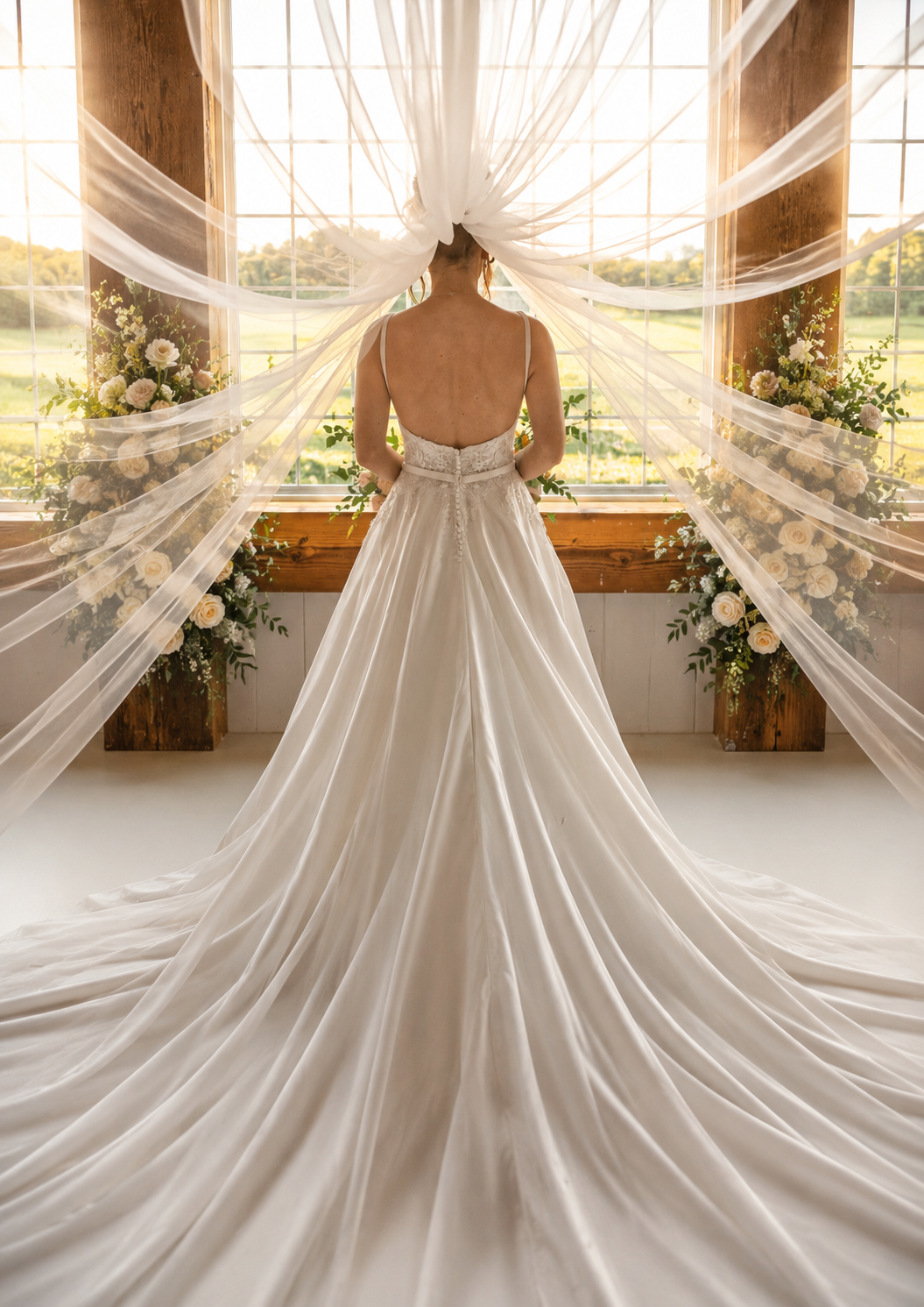 Elegant bride in backless gown with flowing veil and cathedral train stands before sunlit barn window.