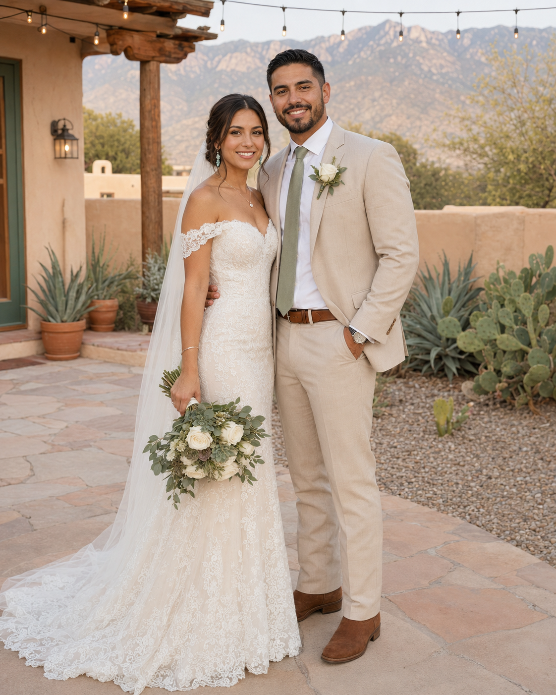 Bride and groom pose at desert Southwest wedding venue with mountain backdrop, she in lace gown, he in tan suit.