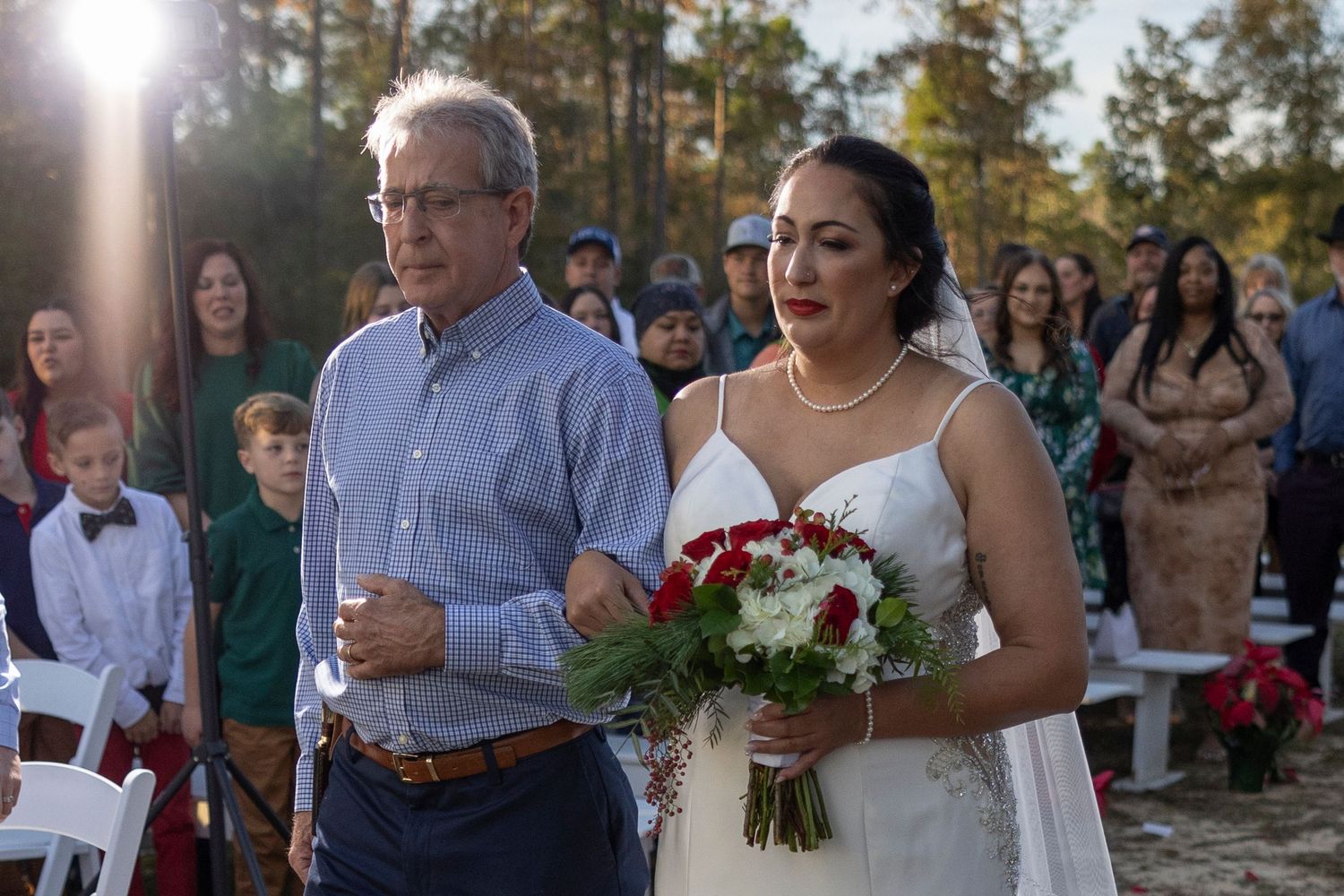 A collage of outdoor wedding celebration photos showing guests and wedding party members at a daytime ceremony.