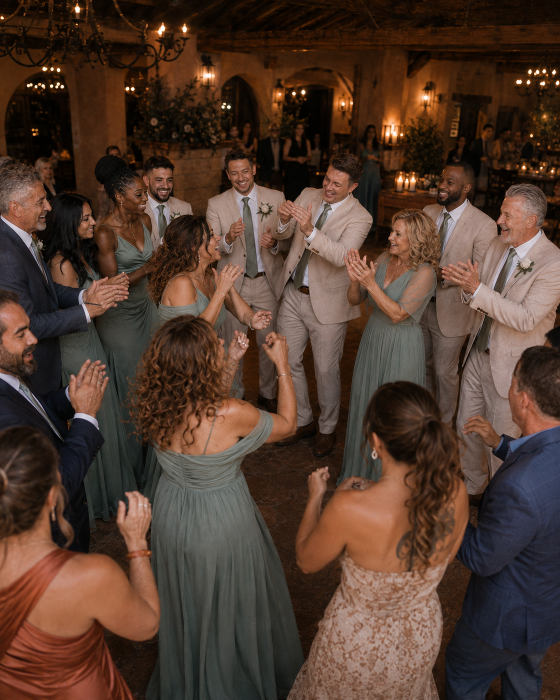 Wedding party dancing in a circle at elegant indoor reception, bridesmaids in sage green gowns, groomsmen in tan suits.
