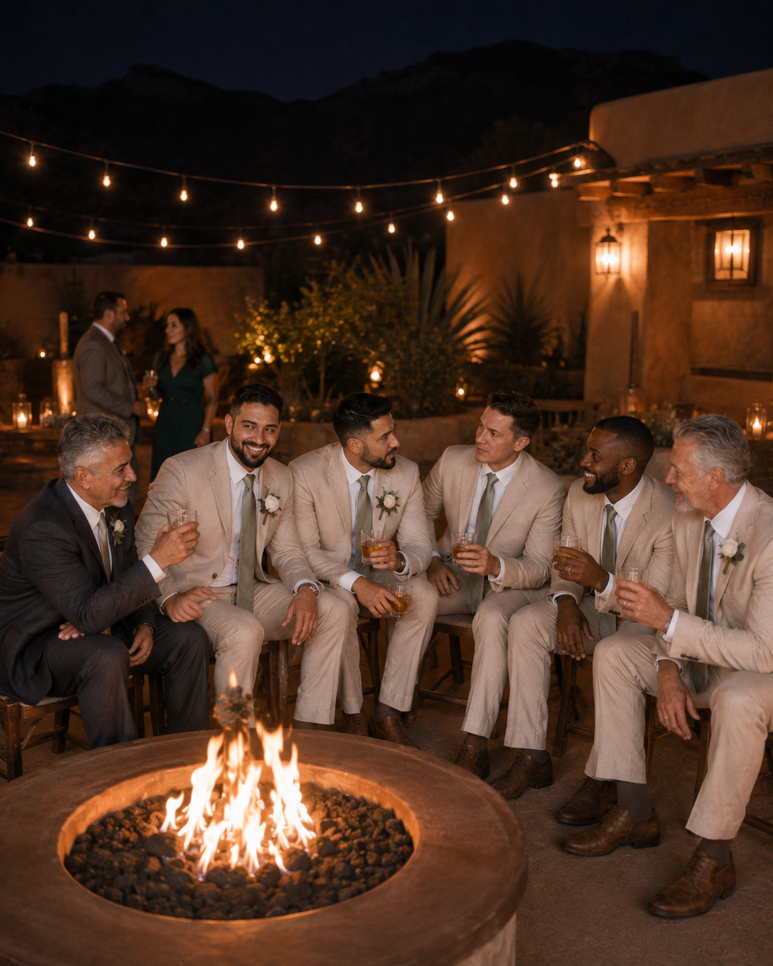 Groomsmen in tan suits gather around a fire pit at night, laughing and enjoying drinks at an outdoor wedding reception.