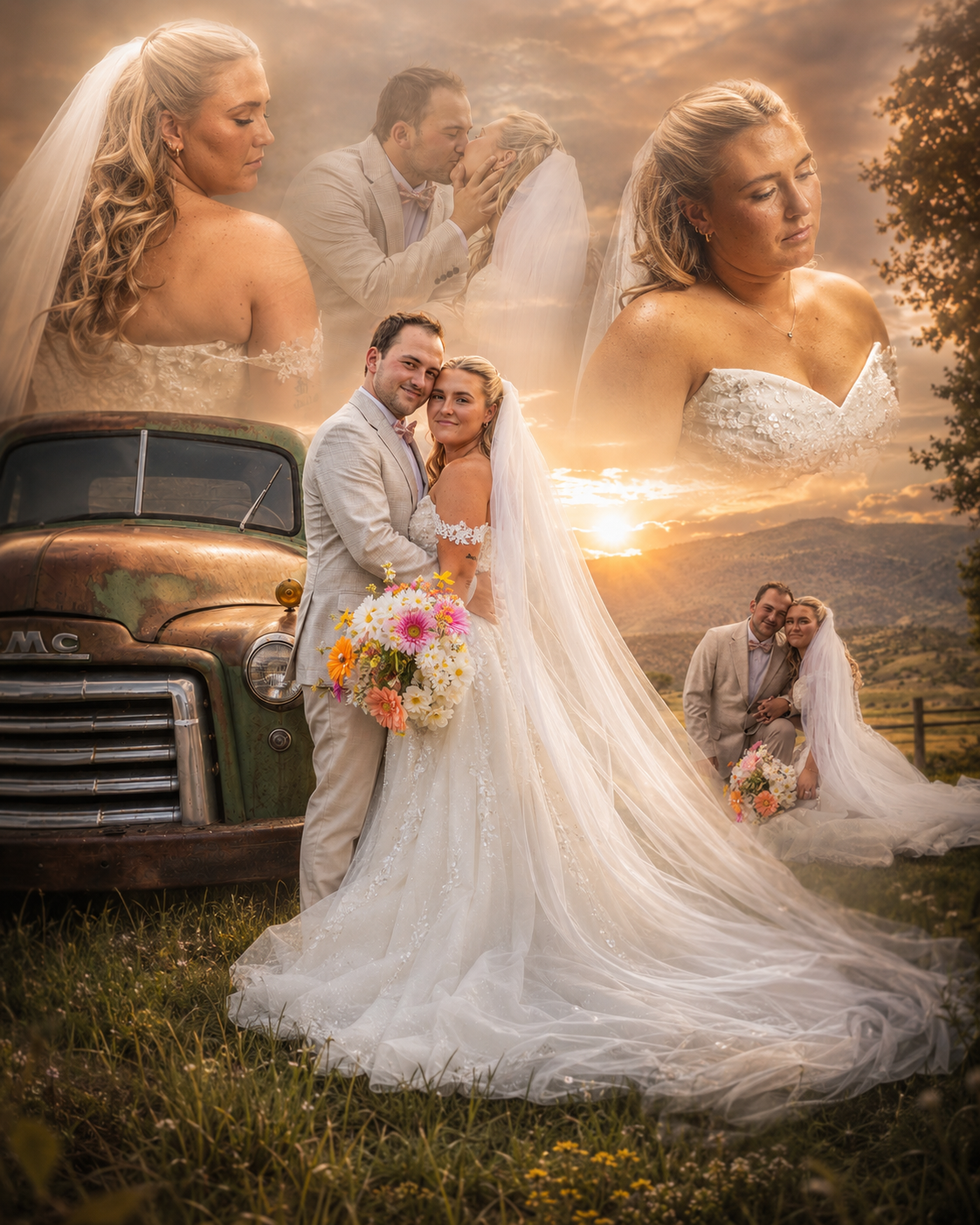 A romantic wedding photo collage featuring a bride and groom posing near a vintage GMC truck at golden sunset in a mountain meadow.
