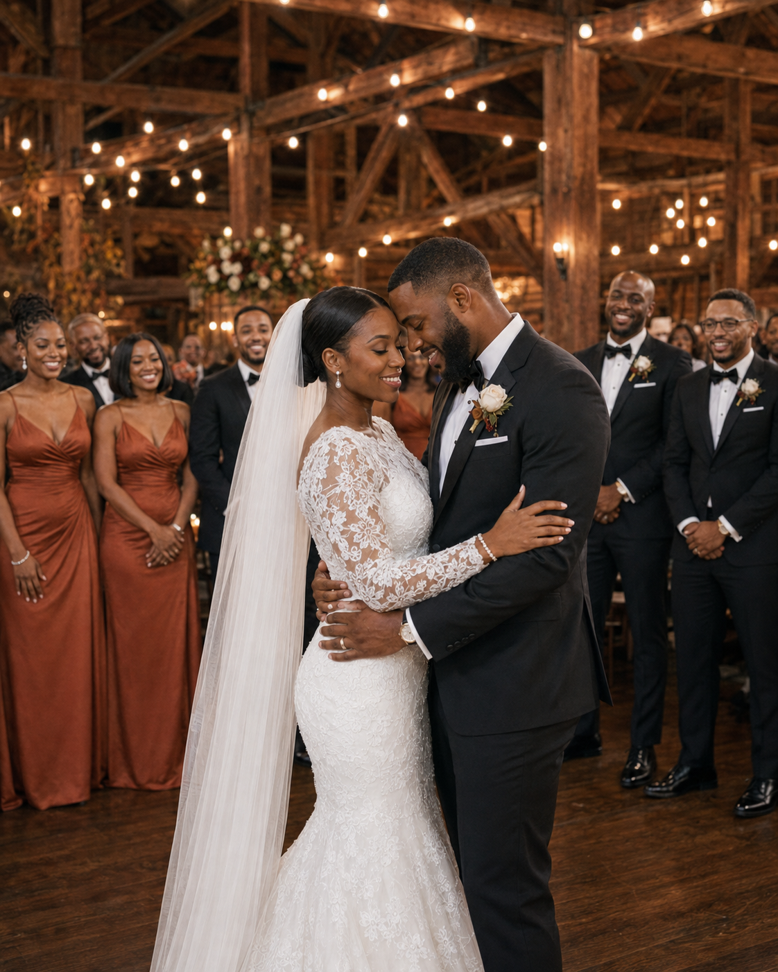 A joyful couple shares their first dance at an elegant barn wedding reception with string lights and guests in formal attire.