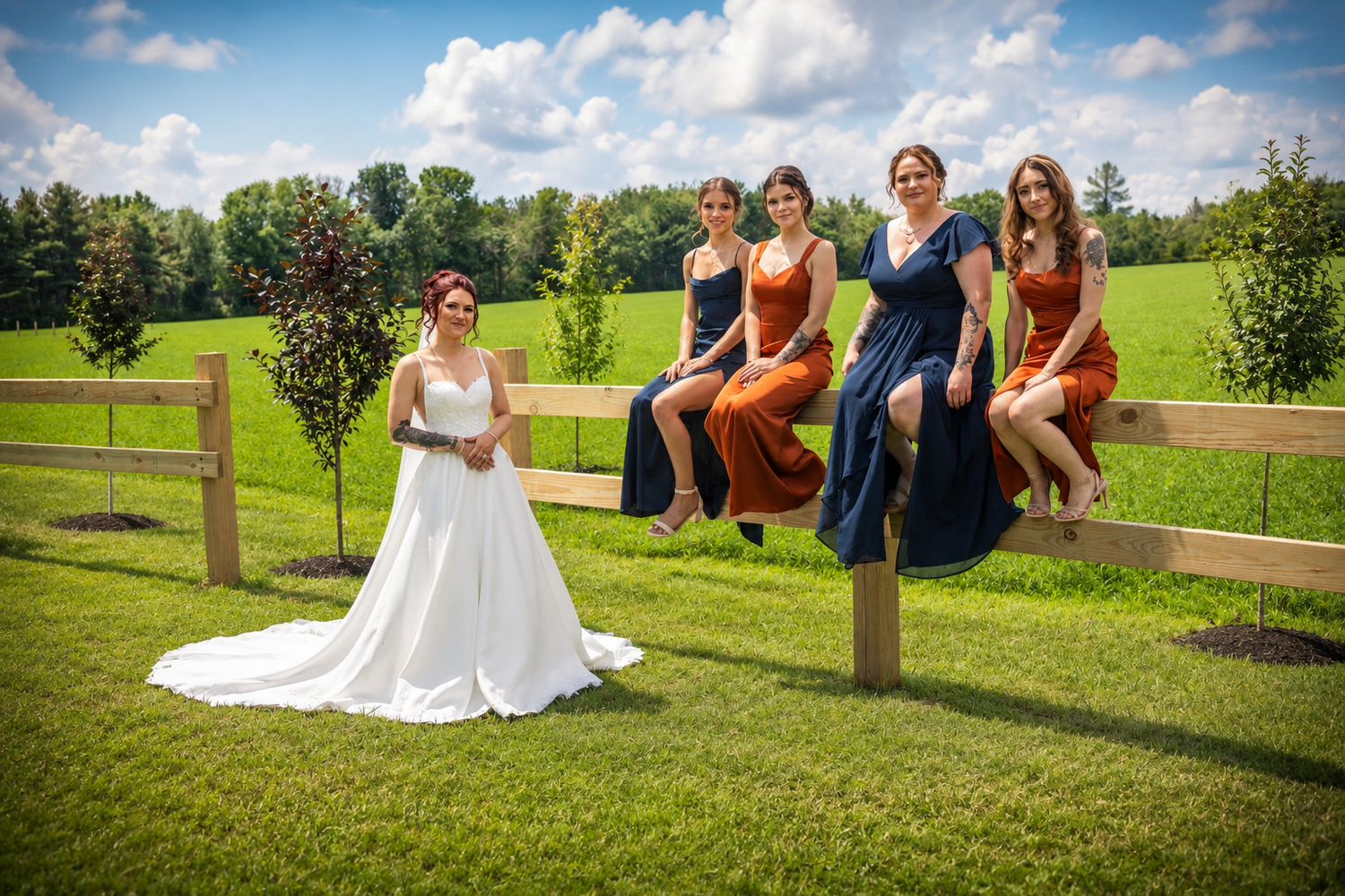 Bride and bridesmaids in navy and rust gowns sitting on a wooden fence in a lush green countryside setting.