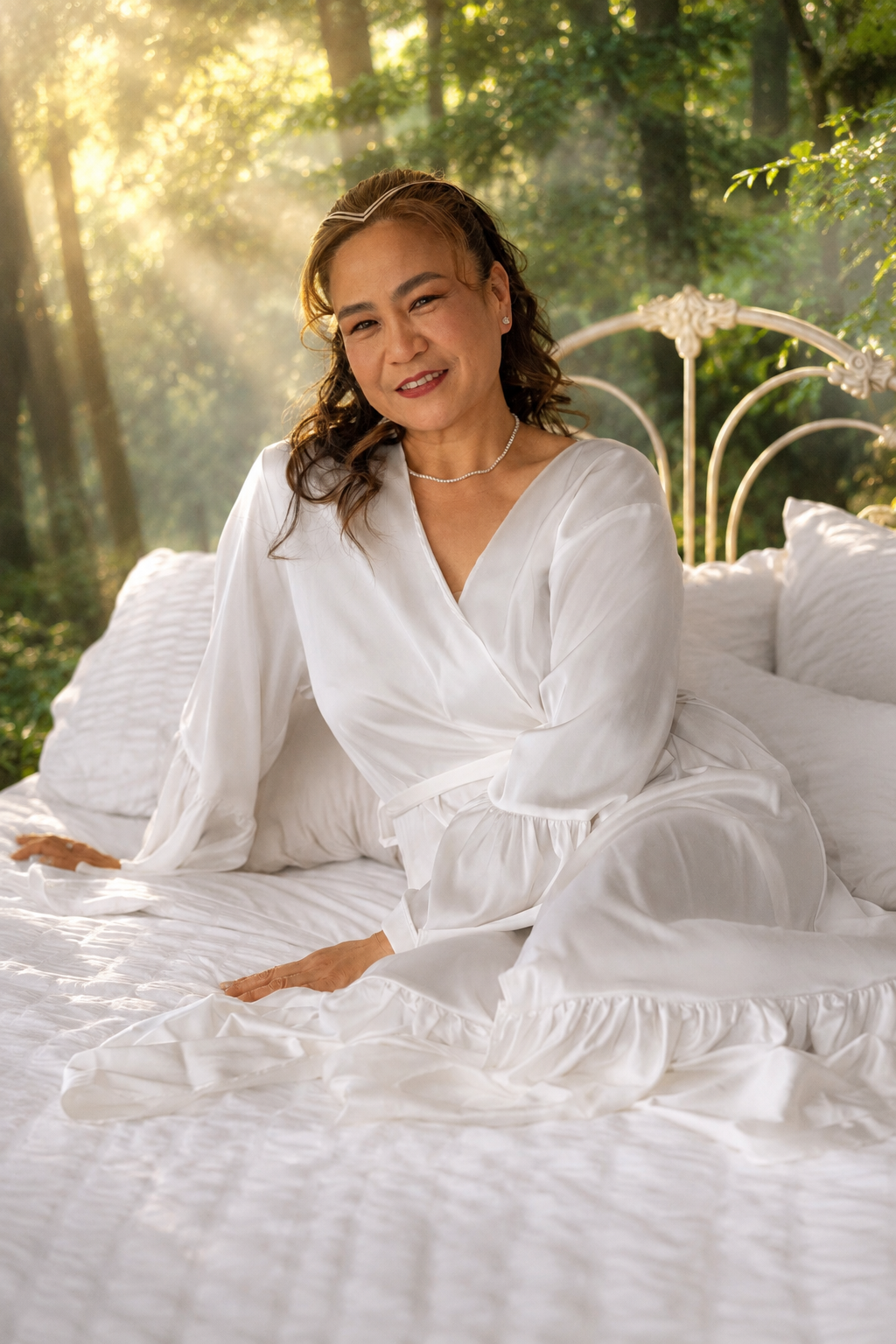 A smiling woman in white silk pajamas sits on a white bed outdoors surrounded by lush green trees with sunlight streaming through.