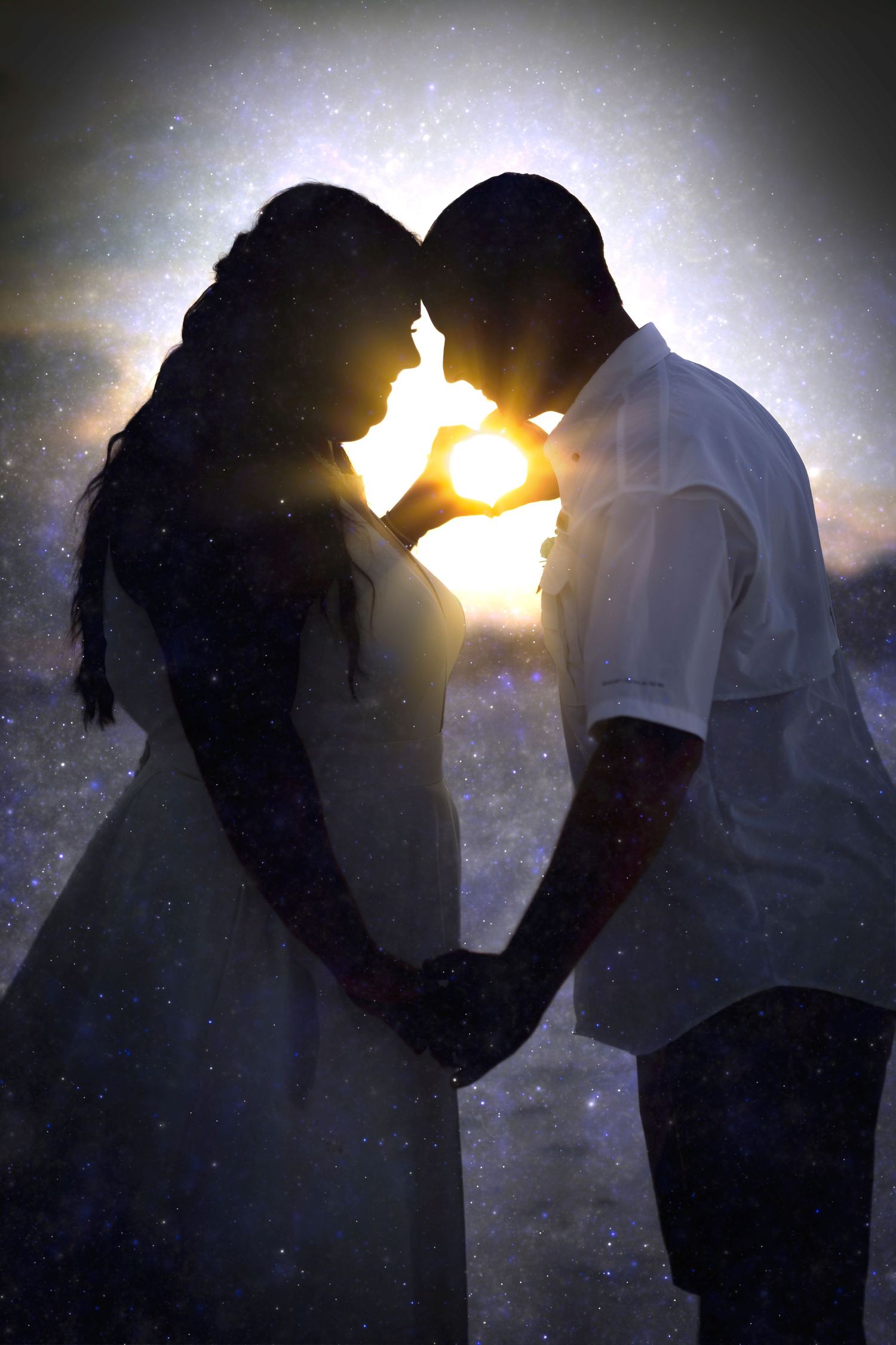 Silhouetted couple dancing against a starry background in a sequence of romantic dance moves.