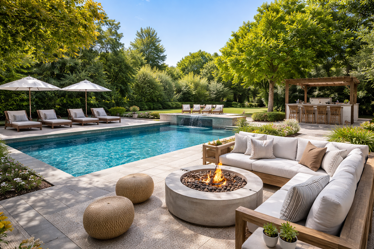 Luxurious outdoor living space with pool, lounge chairs, and fire pit surrounded by lush landscaping and natural stone.