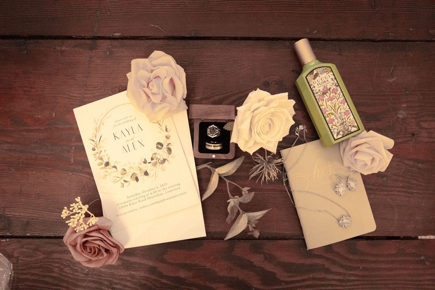 Vintage love notes and paper scraps arranged on dark wooden background creating romantic nostalgic composition.