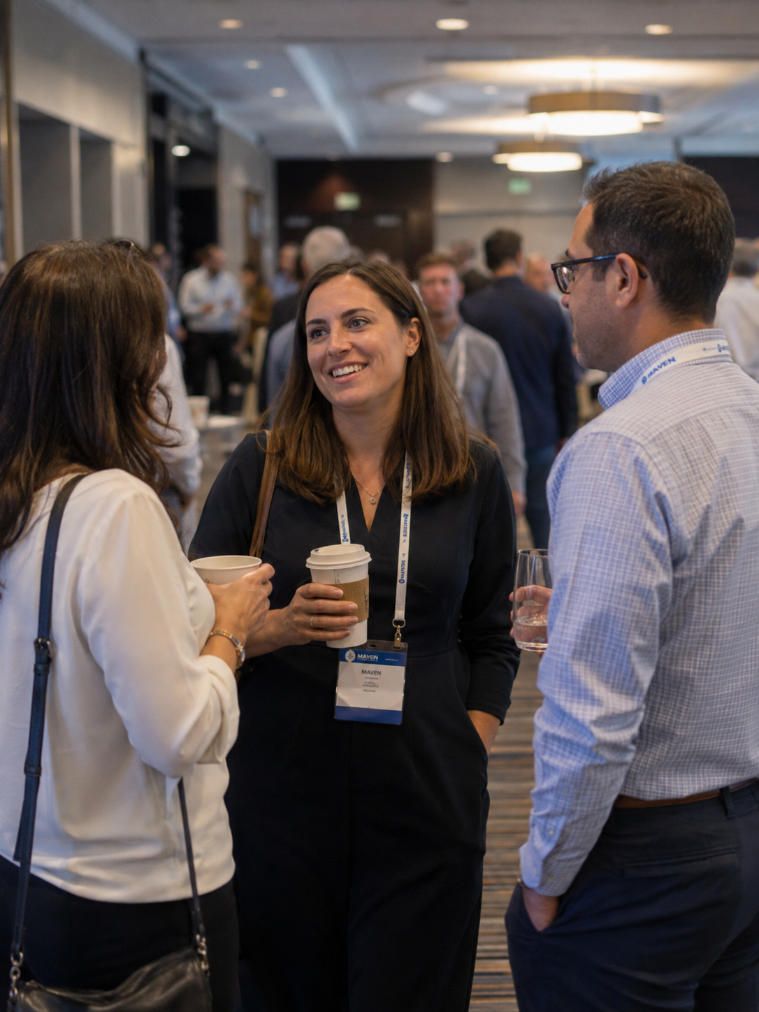 Professionals networking at a conference, smiling woman holding coffee cup wearing lanyard badge talks with colleagues.