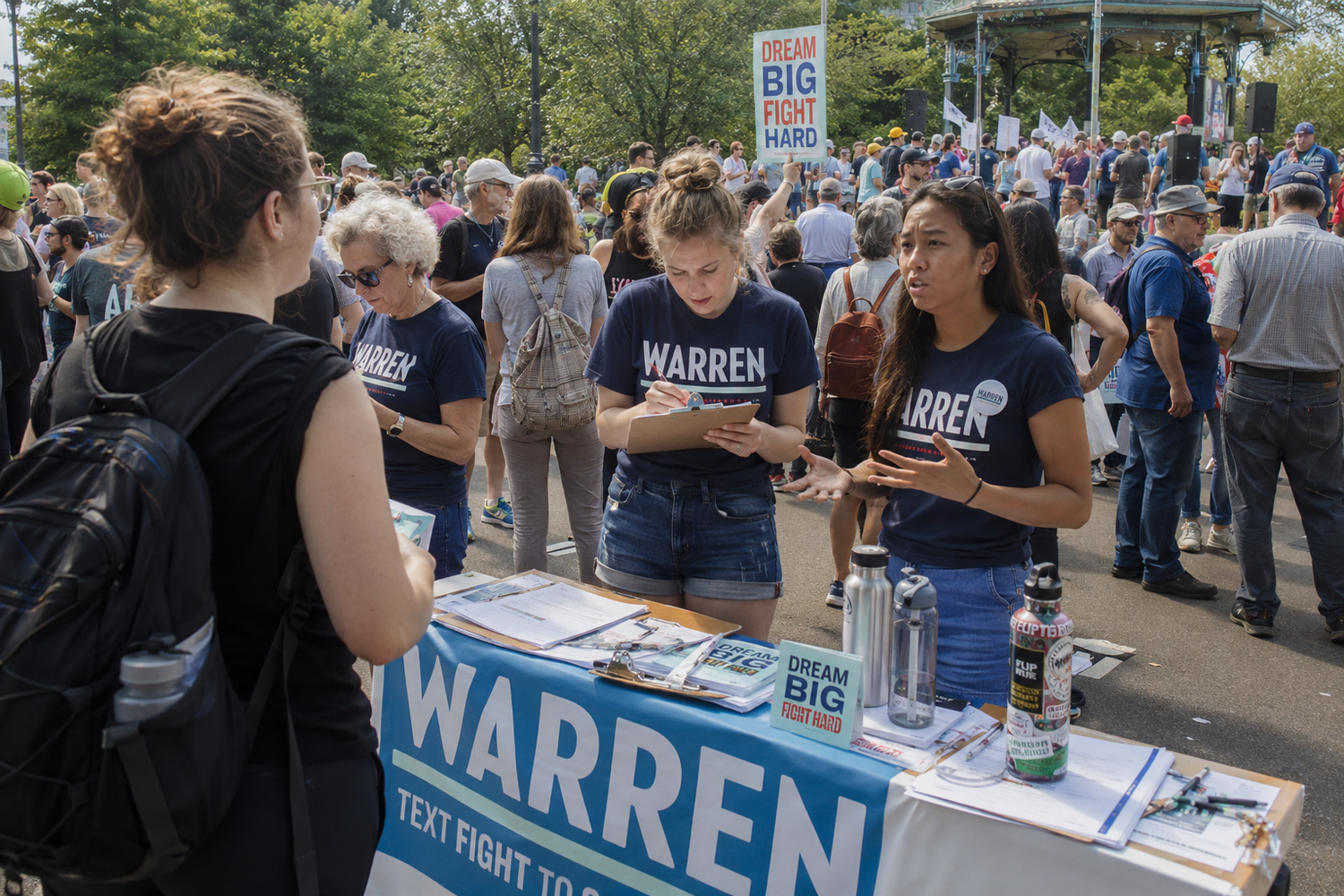 Warren campaign volunteers in navy t-shirts engage supporters at an outdoor political rally booth with signage.