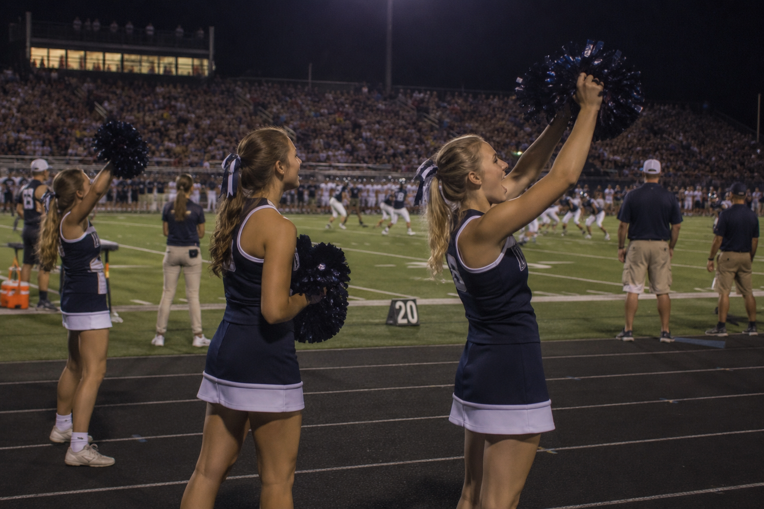Cheerleaders in navy uniforms wave pom-poms on the sideline during a packed night football game.