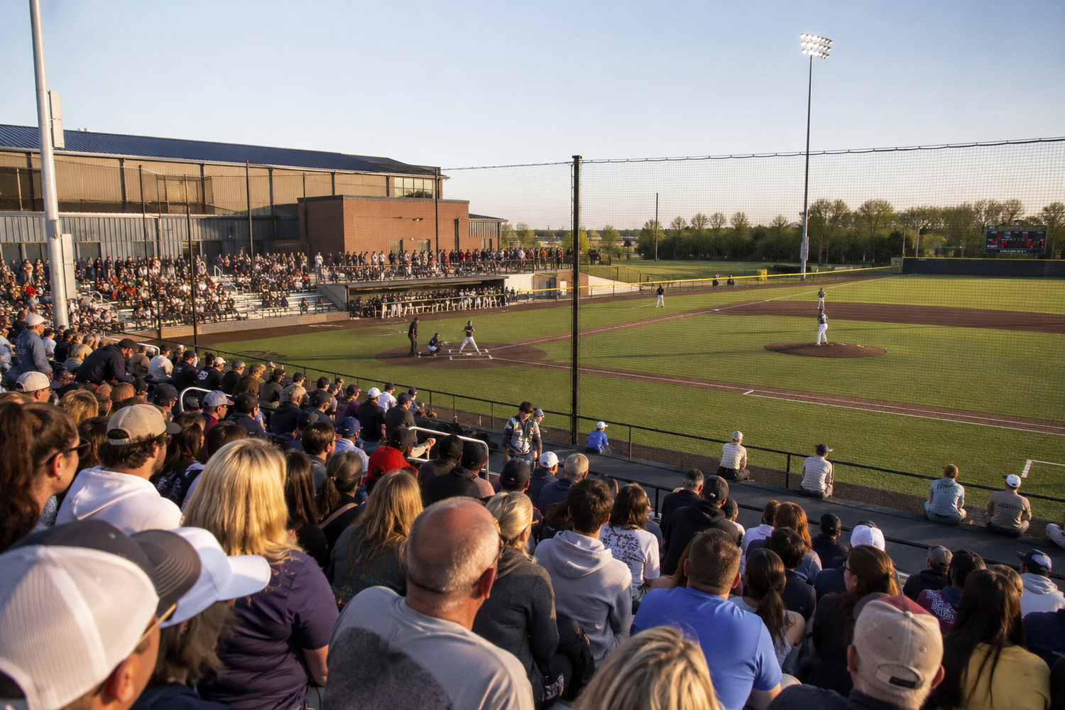 Crowded baseball stadium with fans watching a sunny evening game from the bleachers.