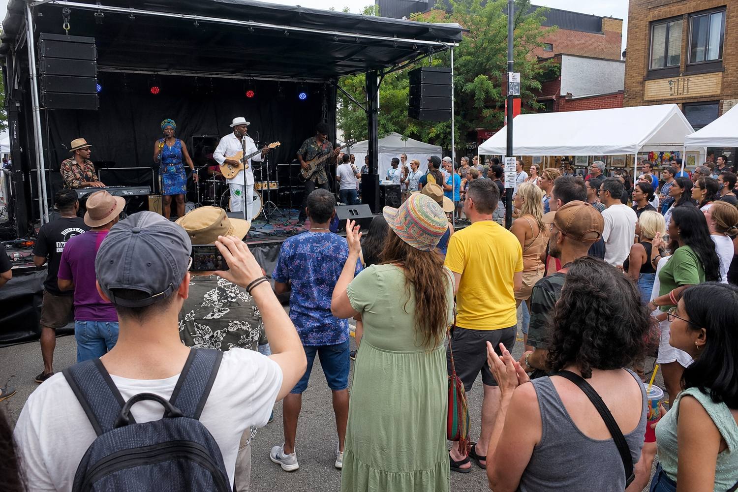 Large crowd watches live band perform on outdoor stage at a vibrant summer street festival.