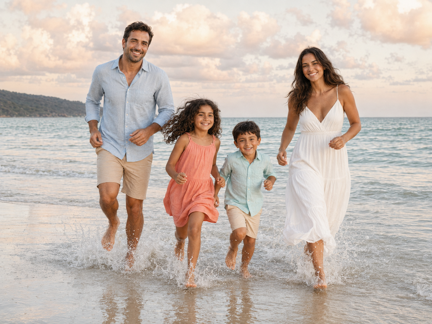 Happy family of four running and splashing in ocean waves at beach sunset.