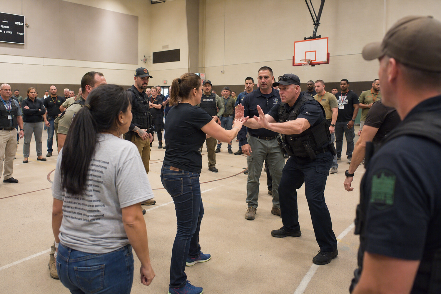Law enforcement officers demonstrating self-defense techniques in a gymnasium.