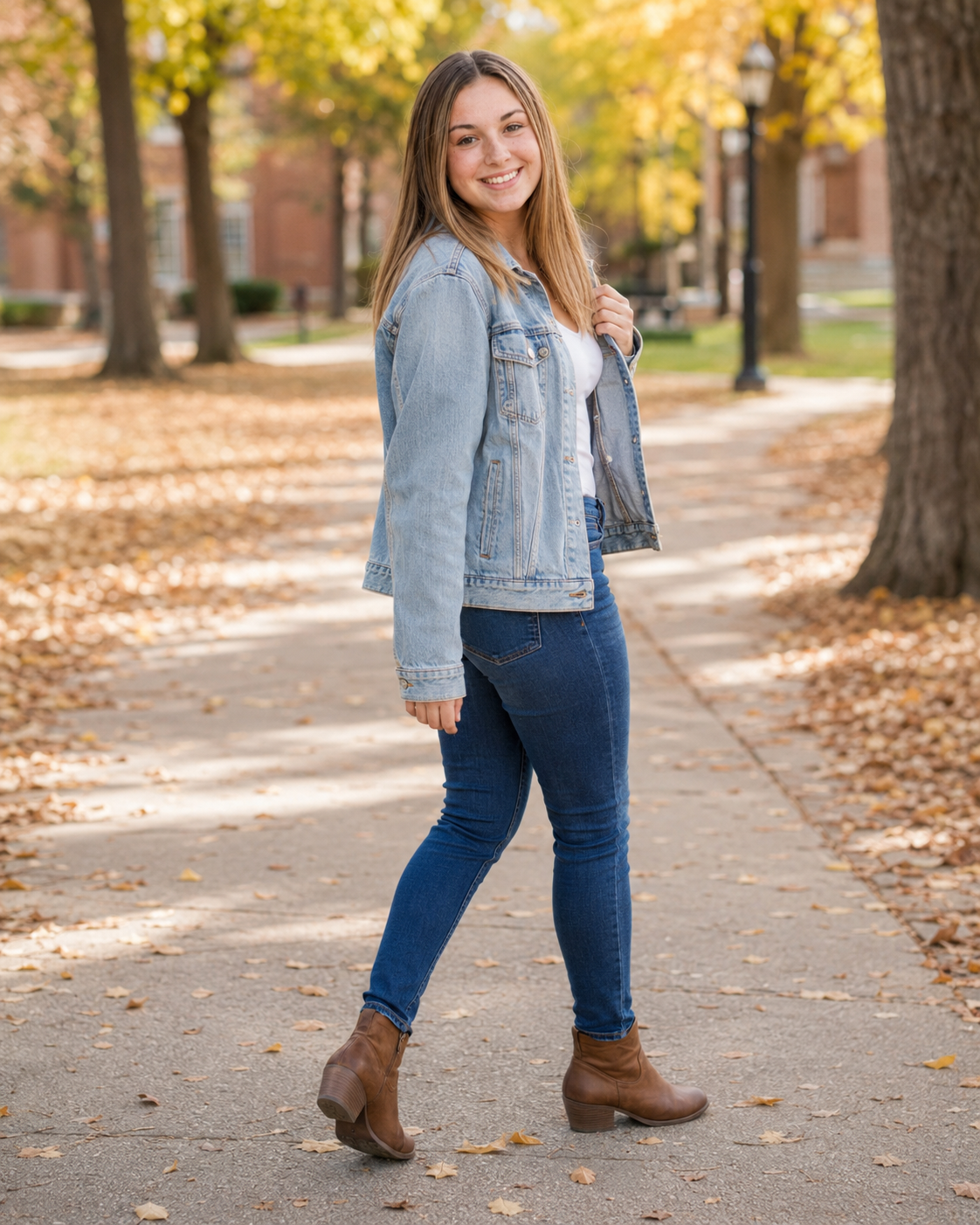 Smiling teenage girl in denim jacket and jeans walks along a tree-lined path during fall senior photos.