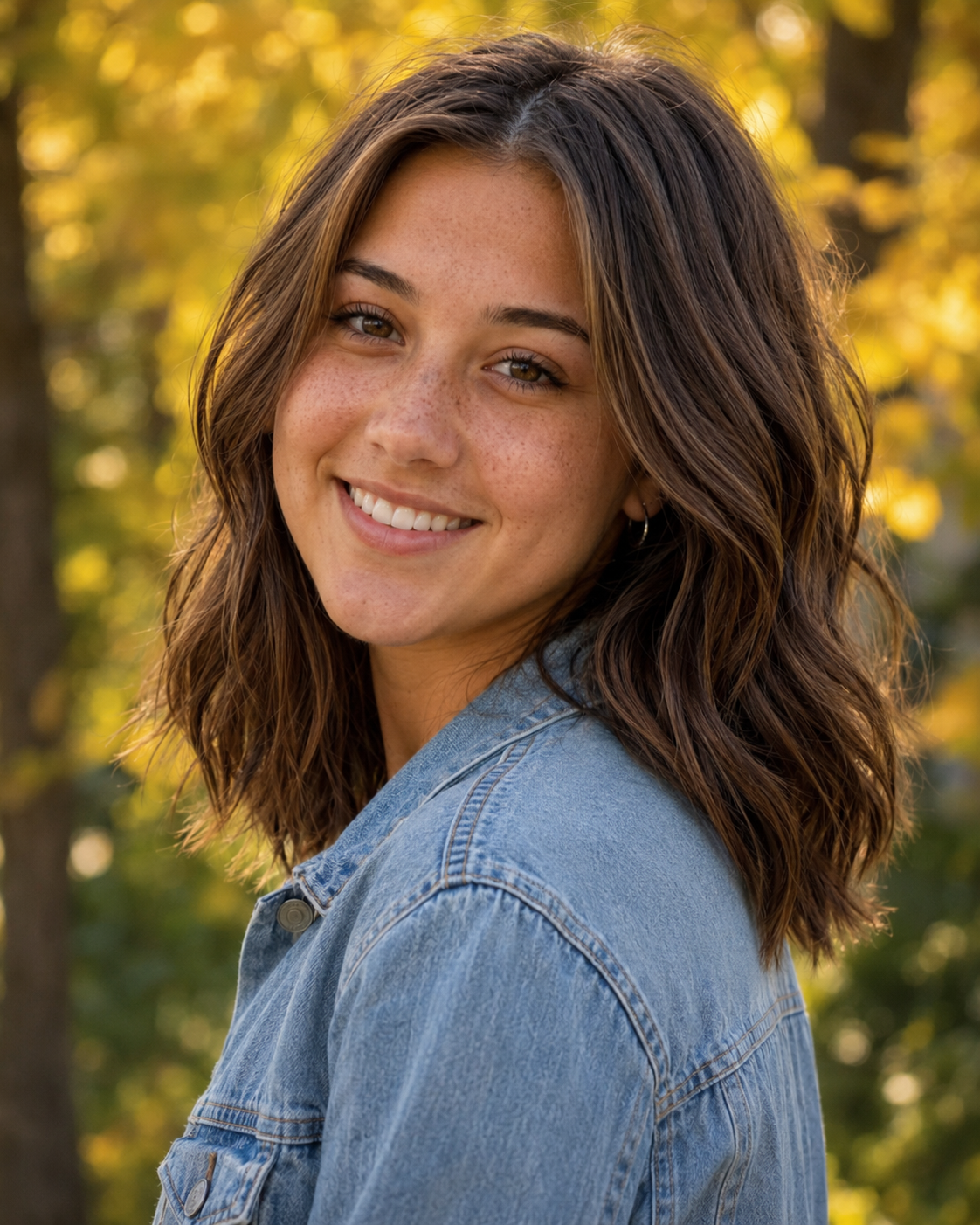 Smiling young woman in denim jacket with autumn foliage background.