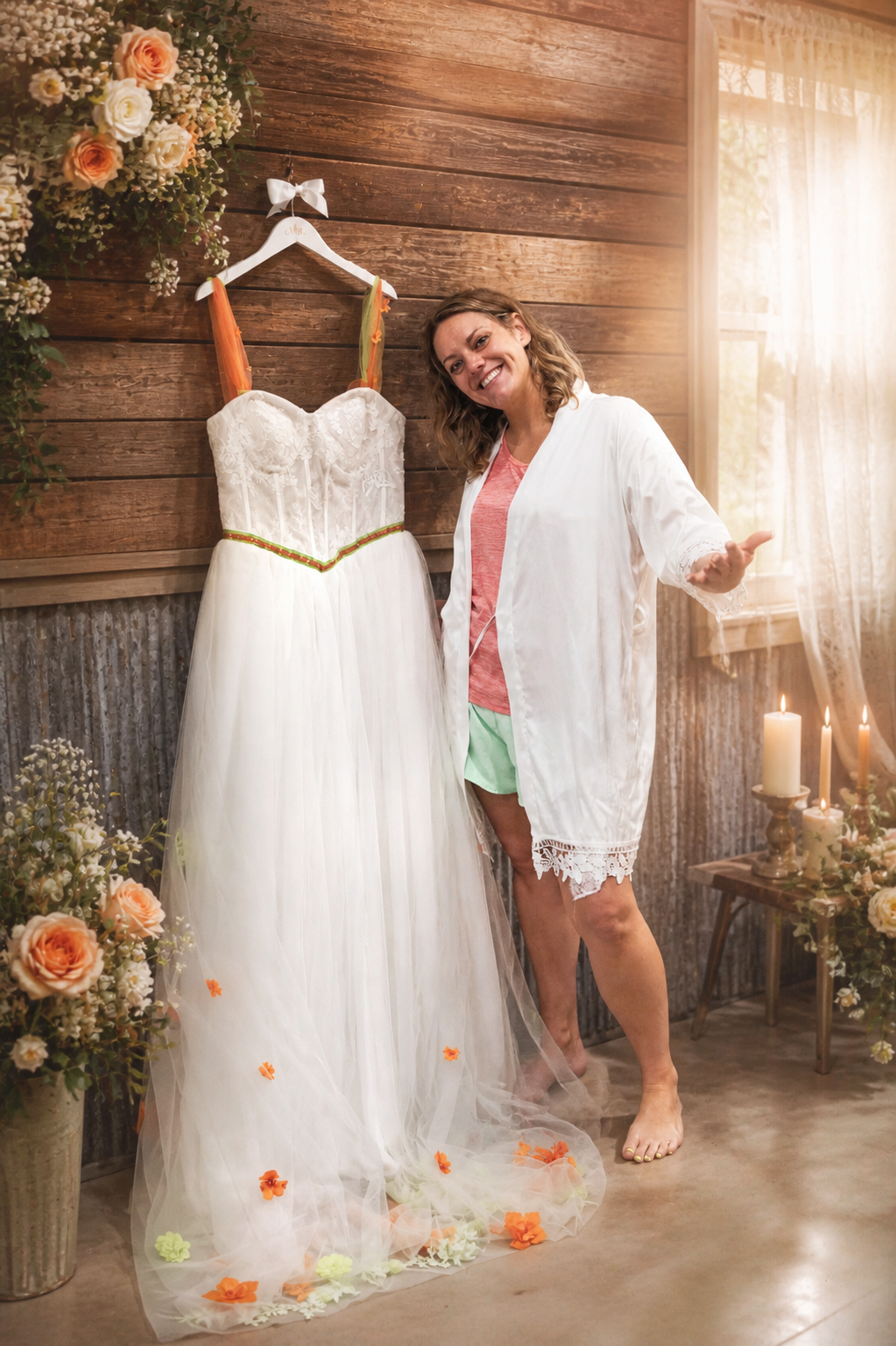 Smiling bride in white robe posing next to elegant wedding dress with orange accents in rustic wood-paneled room.