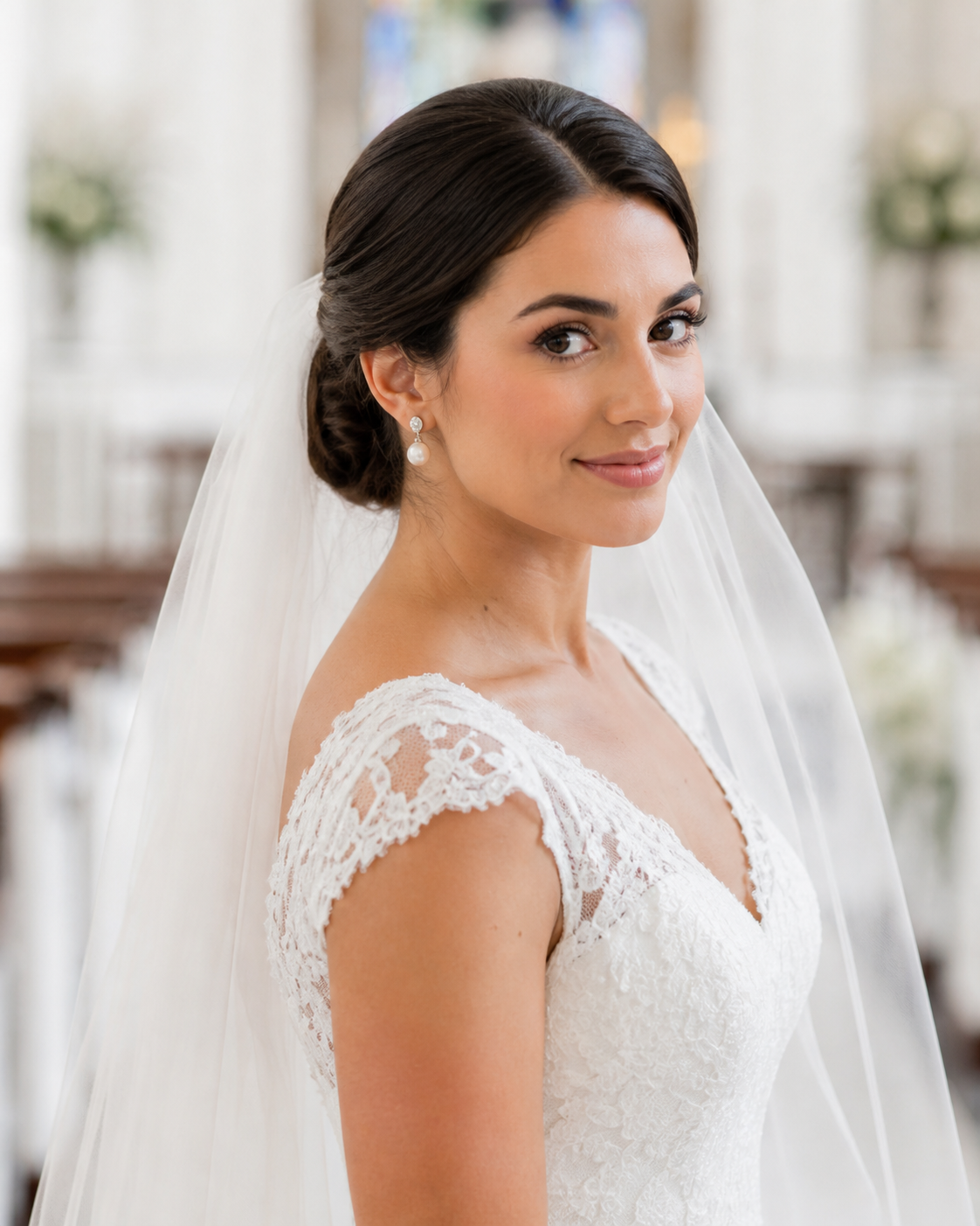Bride in lace wedding dress and veil with elegant updo smiling over shoulder in church.