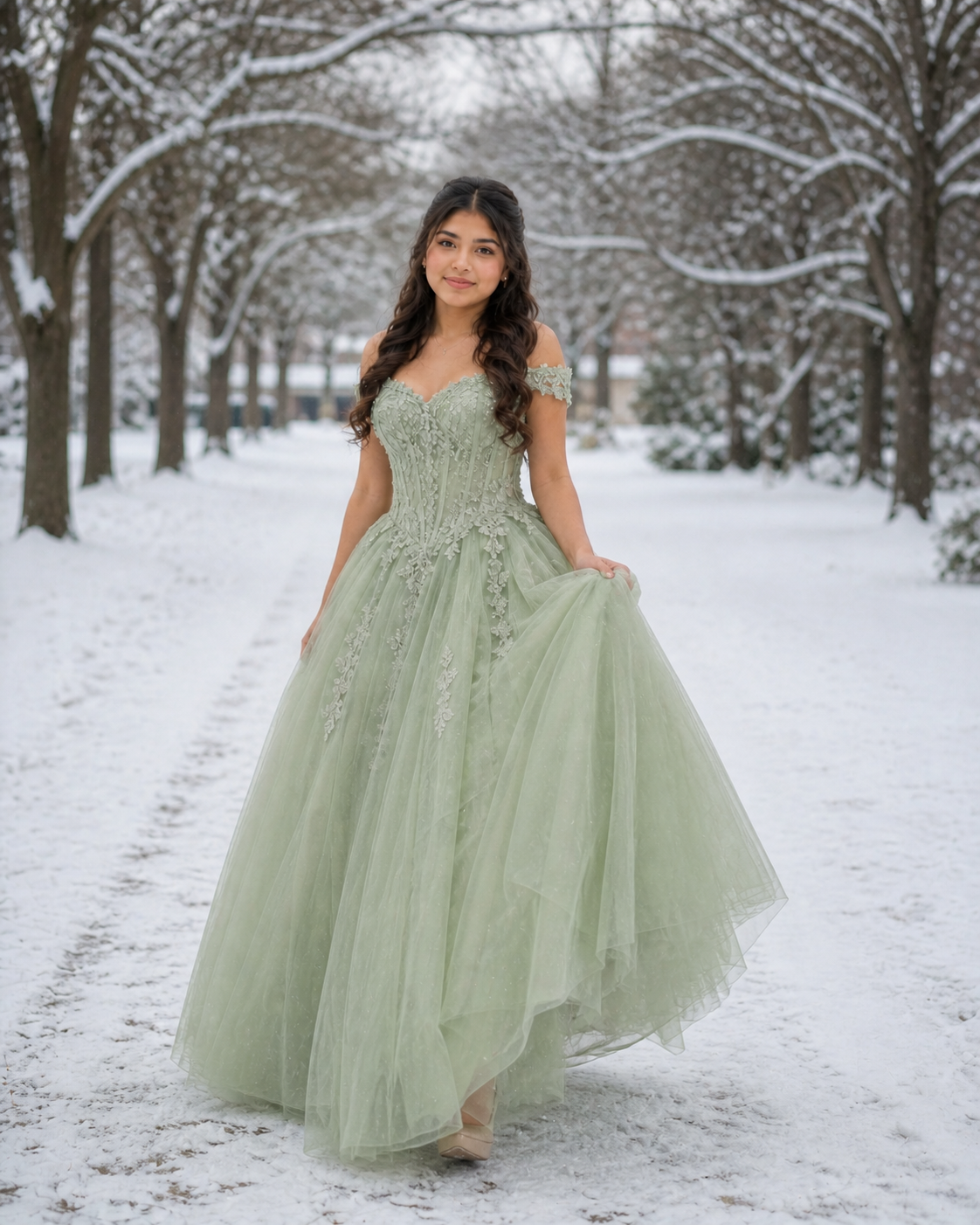 Young woman in sage green off-shoulder ball gown with lace bodice posing on snowy tree-lined path.