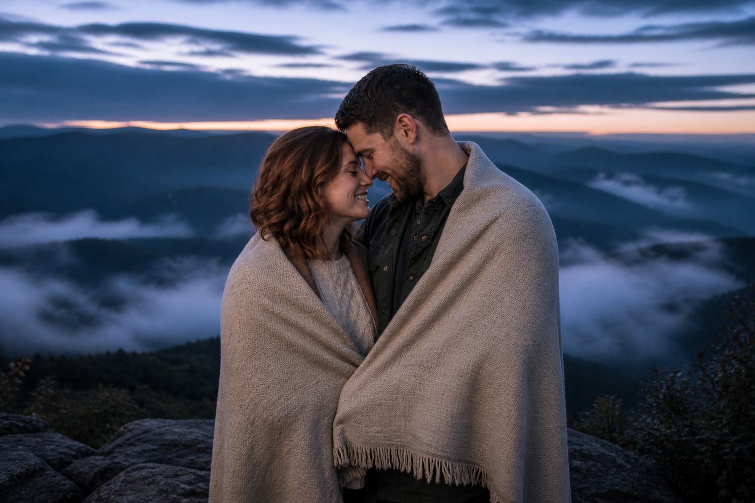 Couple wrapped in blanket sharing romantic moment on mountain summit at dusk with misty clouds below.