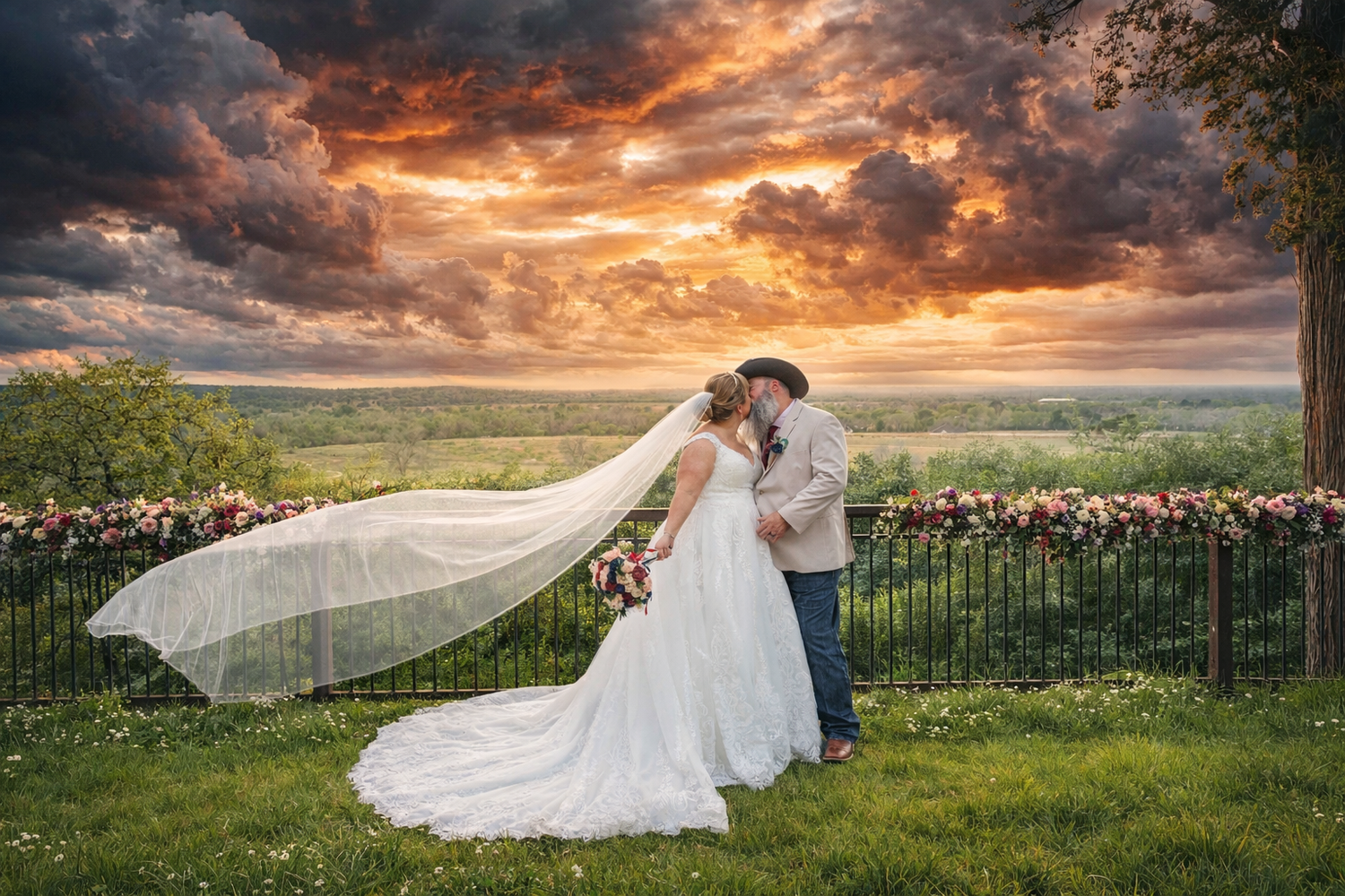 Bride and groom kiss at sunset with veil flowing in wind, dramatic orange clouds over green countryside backdrop.