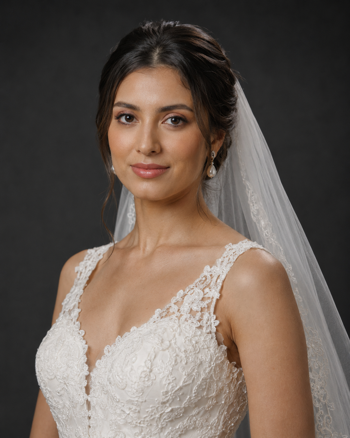 Bride wearing a lace V-neck wedding gown and cathedral veil with elegant updo hairstyle and pearl earrings.