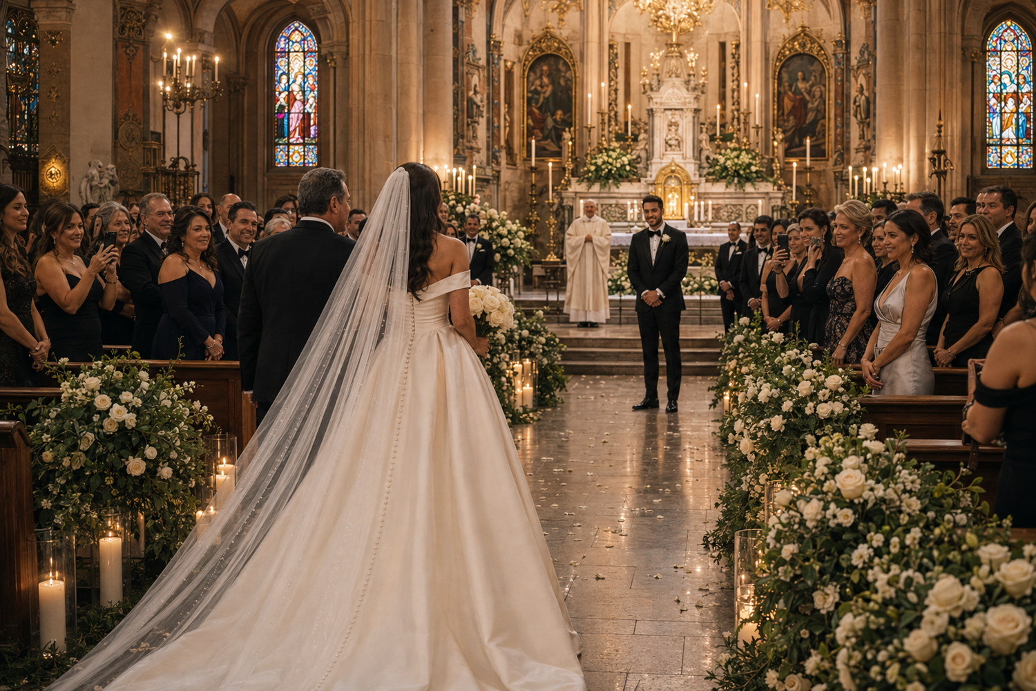 Bride walking down the aisle in a cathedral church wedding ceremony with floral arrangements and groom waiting at altar.