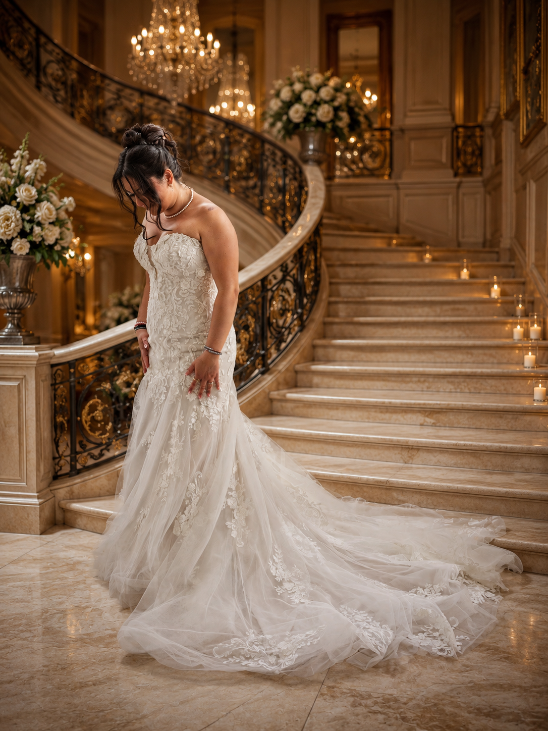Bride in elegant lace mermaid wedding gown stands on marble floor beside ornate grand staircase in luxurious ballroom.