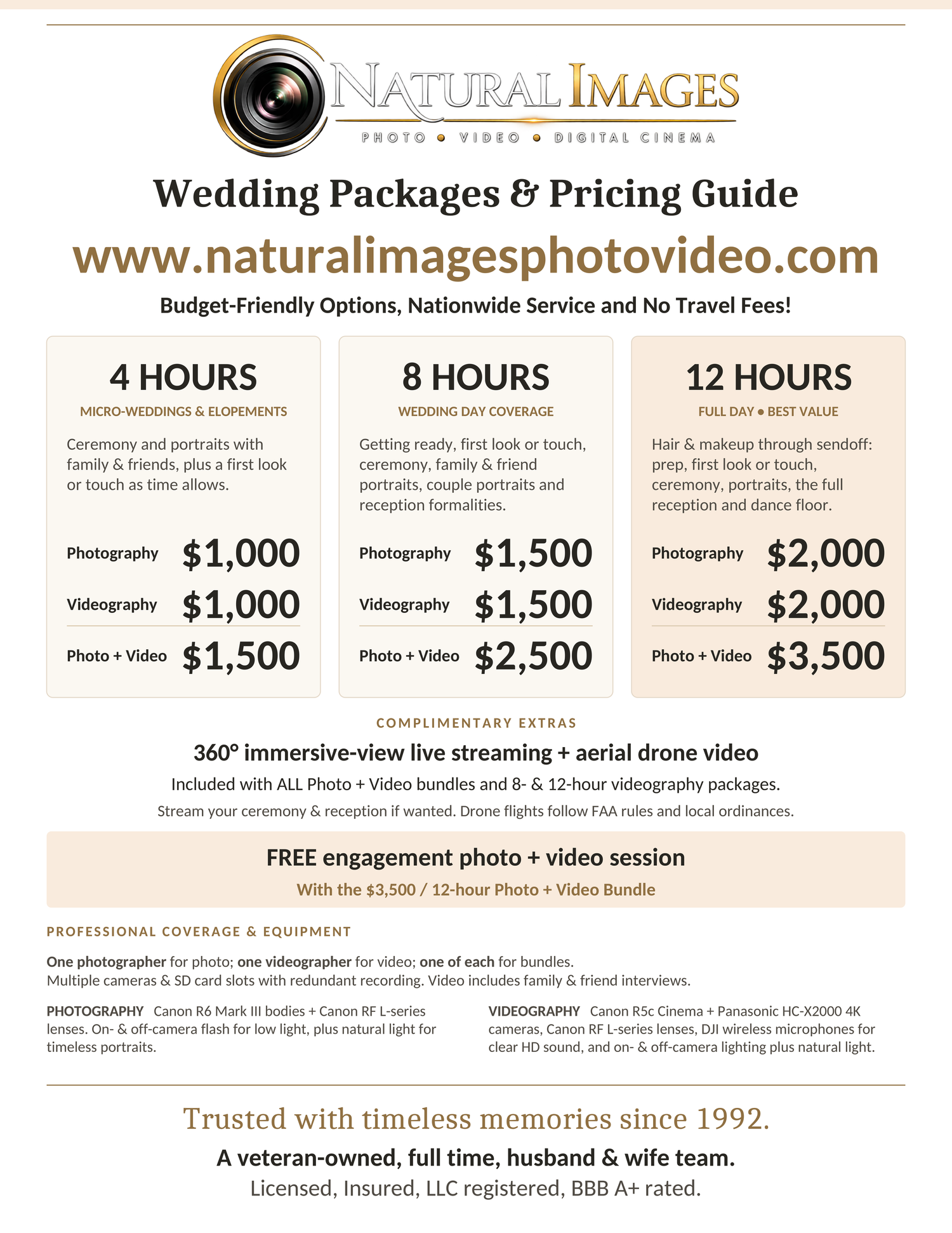 Natural Images wedding photography and videography pricing guide showing packages from $1,000 to $3,500 with 4, 8, and 12-hour options.